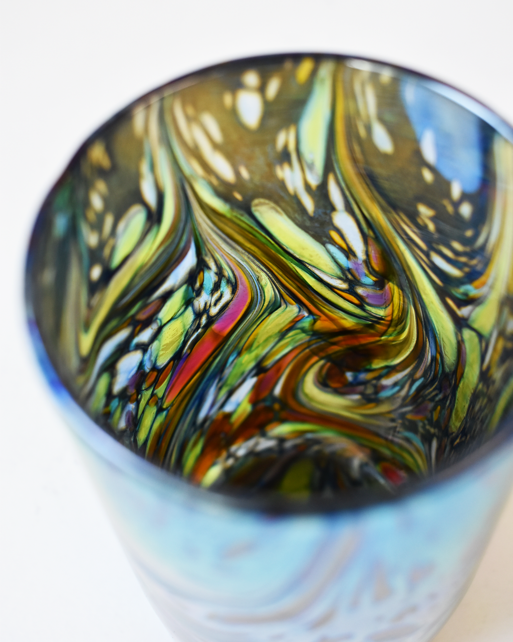 Blue Iridescent Swirl Blown Glass Highball Tumbler