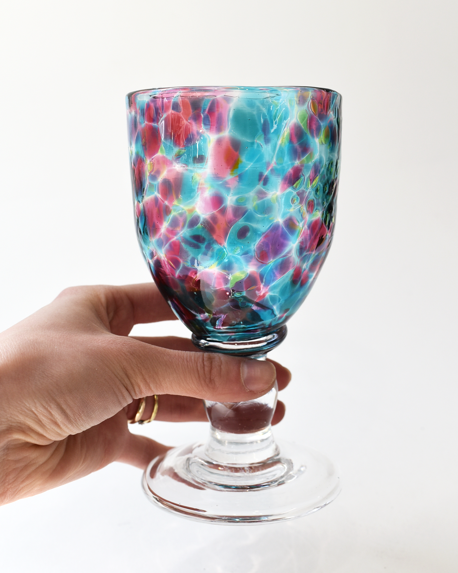 Handblown Soft Aqua, Lime & Pink Confetti Wine Glass