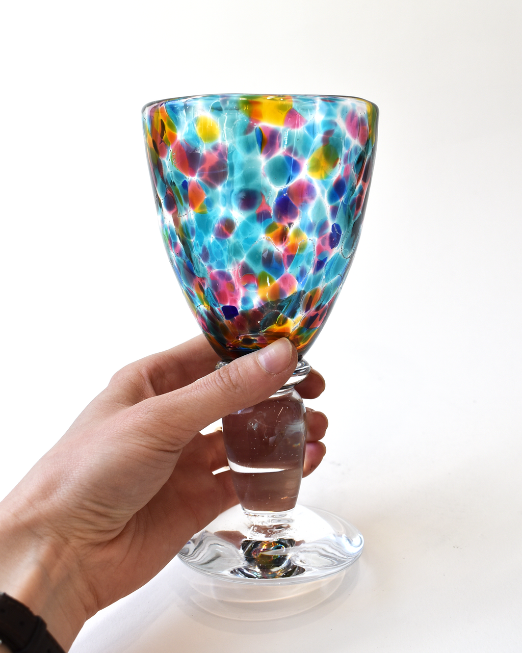 Handblown Aqua, Blue, Amber & Pink Confetti Wine Glass