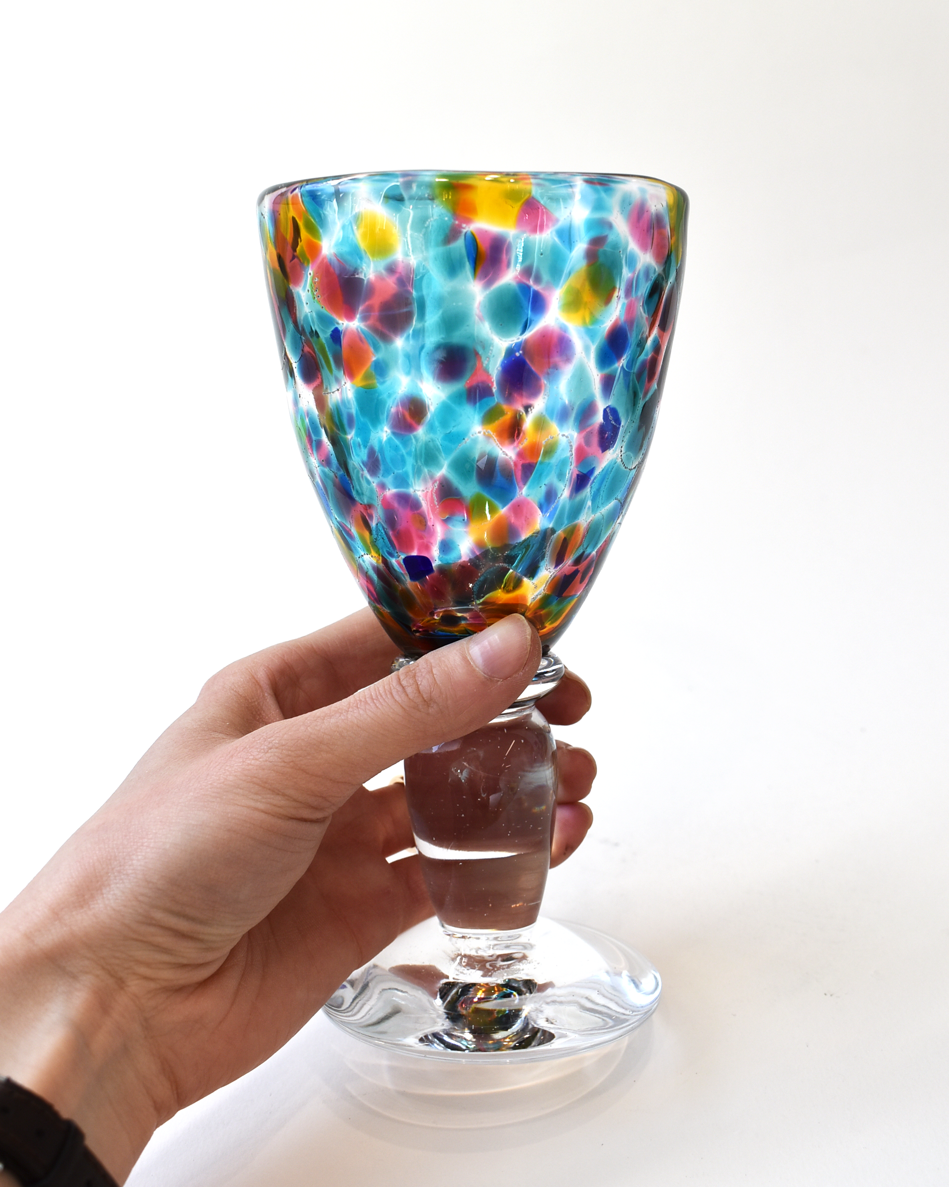 Handblown Aqua, Blue, Amber & Pink Confetti Wine Glass