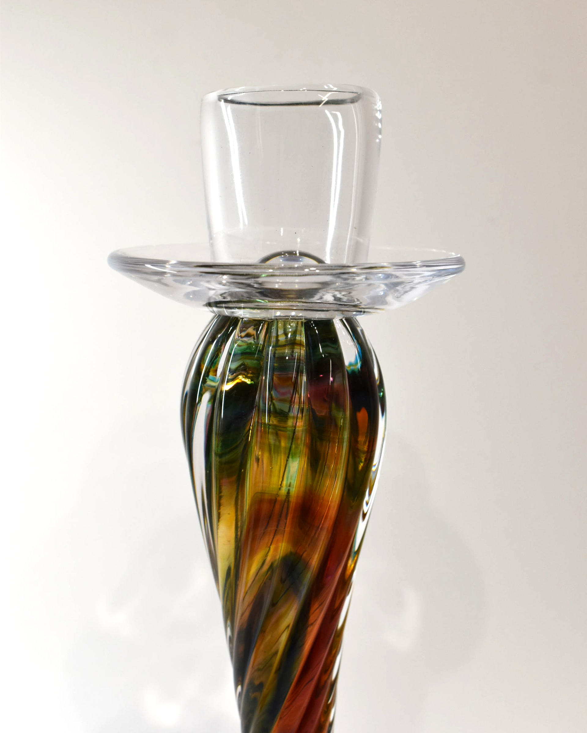 Handblown Ruby, Amber and Green Streaky Glass Barley Twist Candlestick