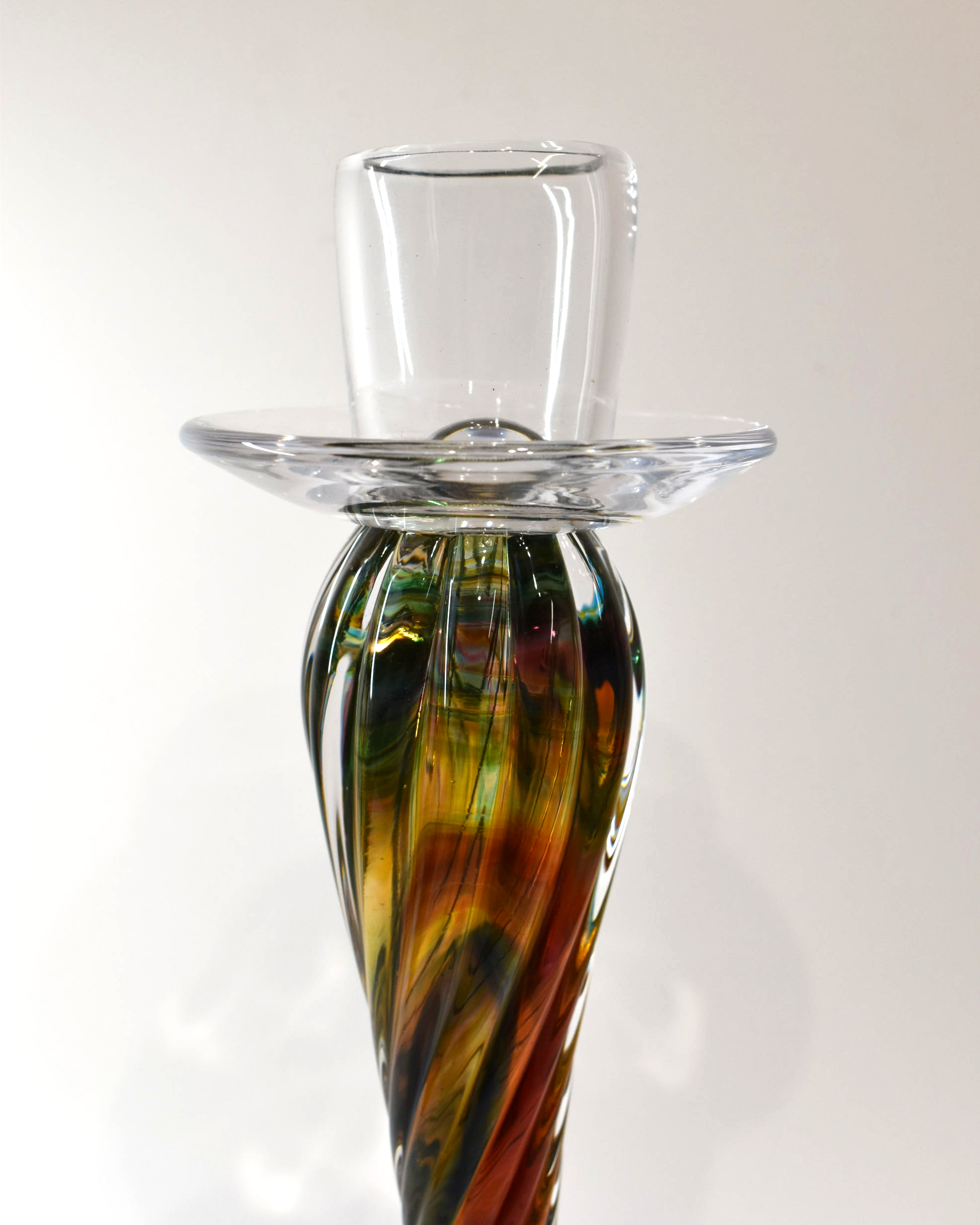 Handblown Ruby, Amber and Green Streaky Glass Barley Twist Candlestick