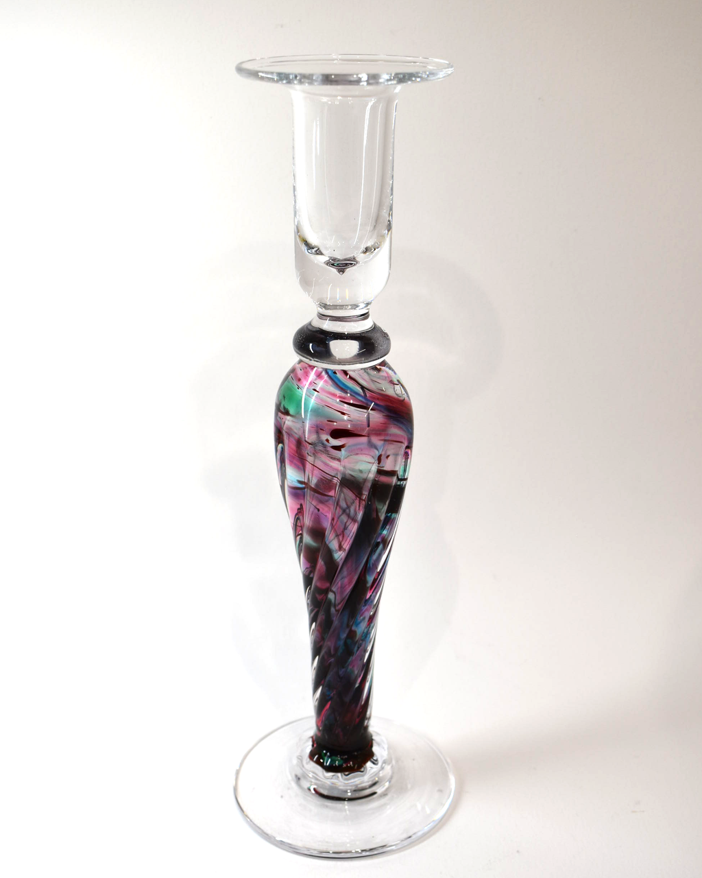 Handblown Aqua, Green and Ruby Streaky Glass Barley Twist Candlestick