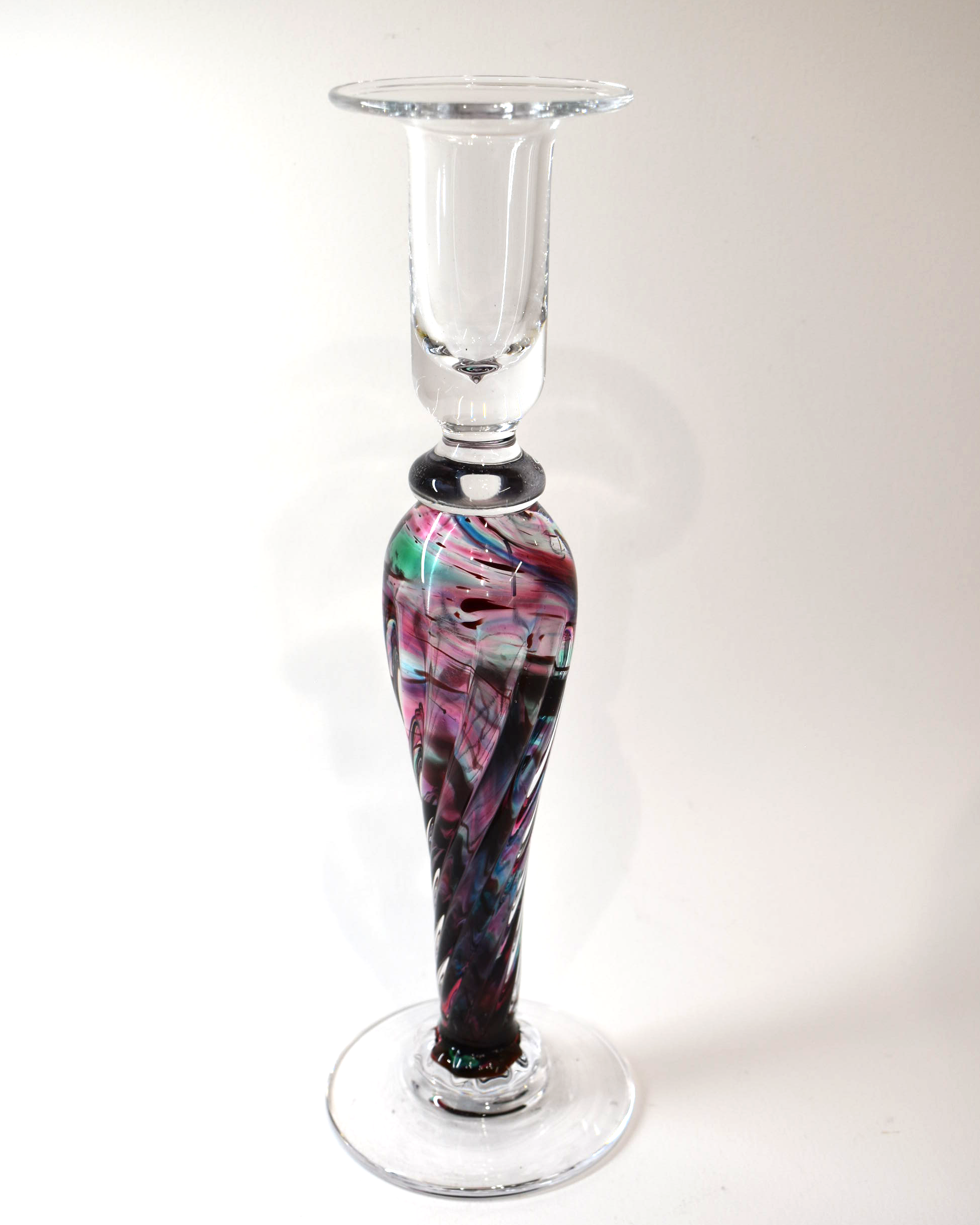 Handblown Aqua, Green and Ruby Streaky Glass Barley Twist Candlestick