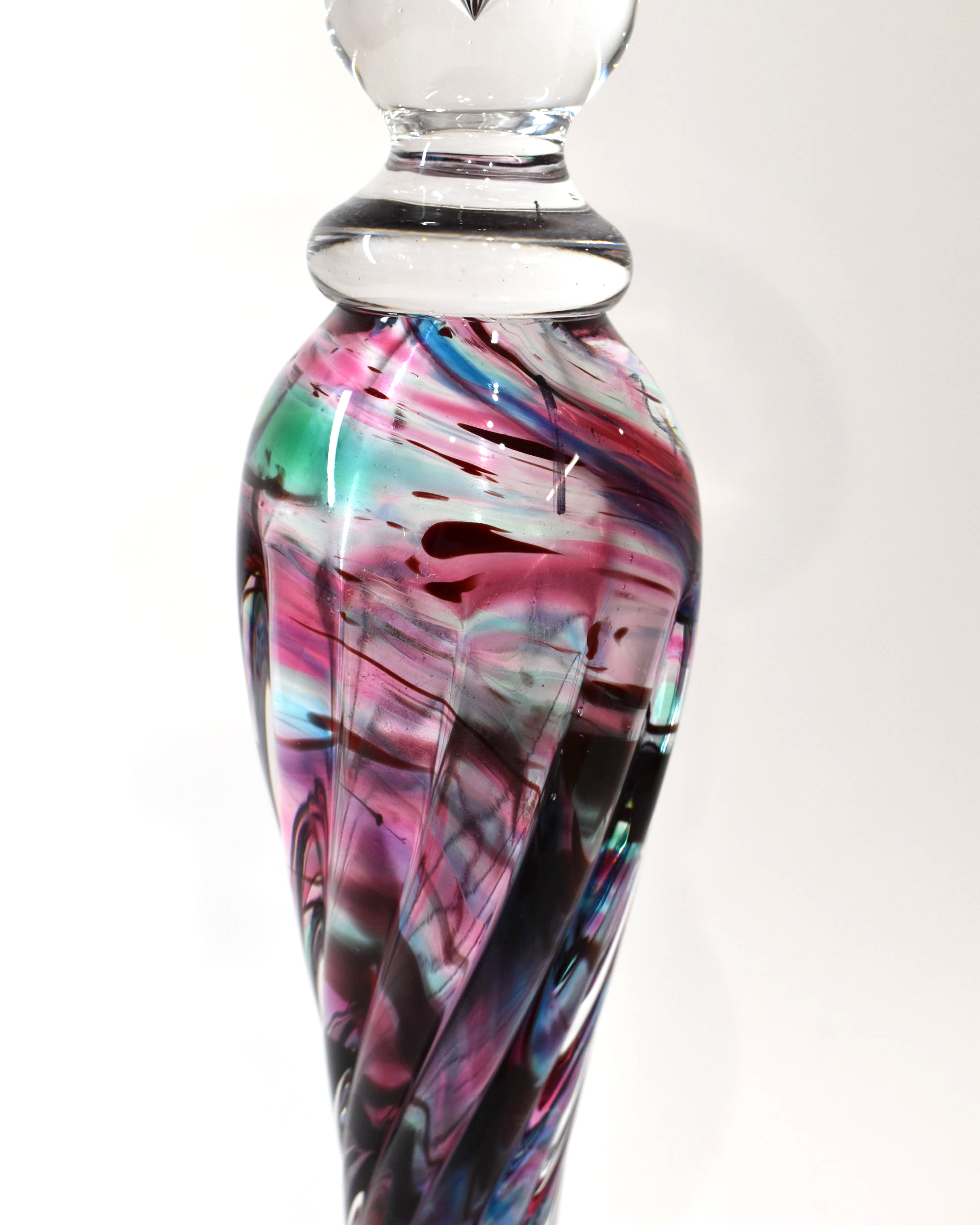 Handblown Aqua, Green and Ruby Streaky Glass Barley Twist Candlestick
