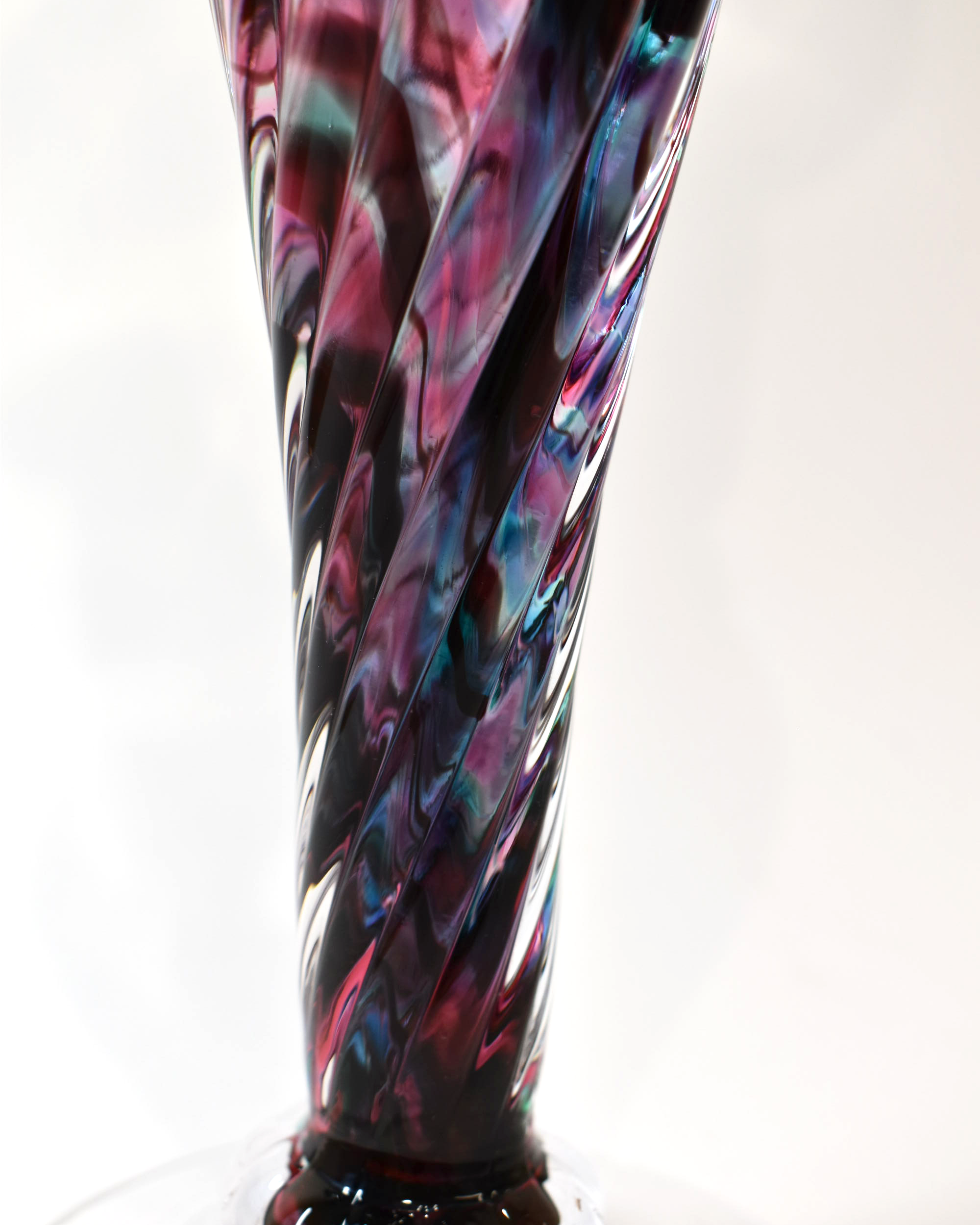 Handblown Aqua, Green and Ruby Streaky Glass Barley Twist Candlestick
