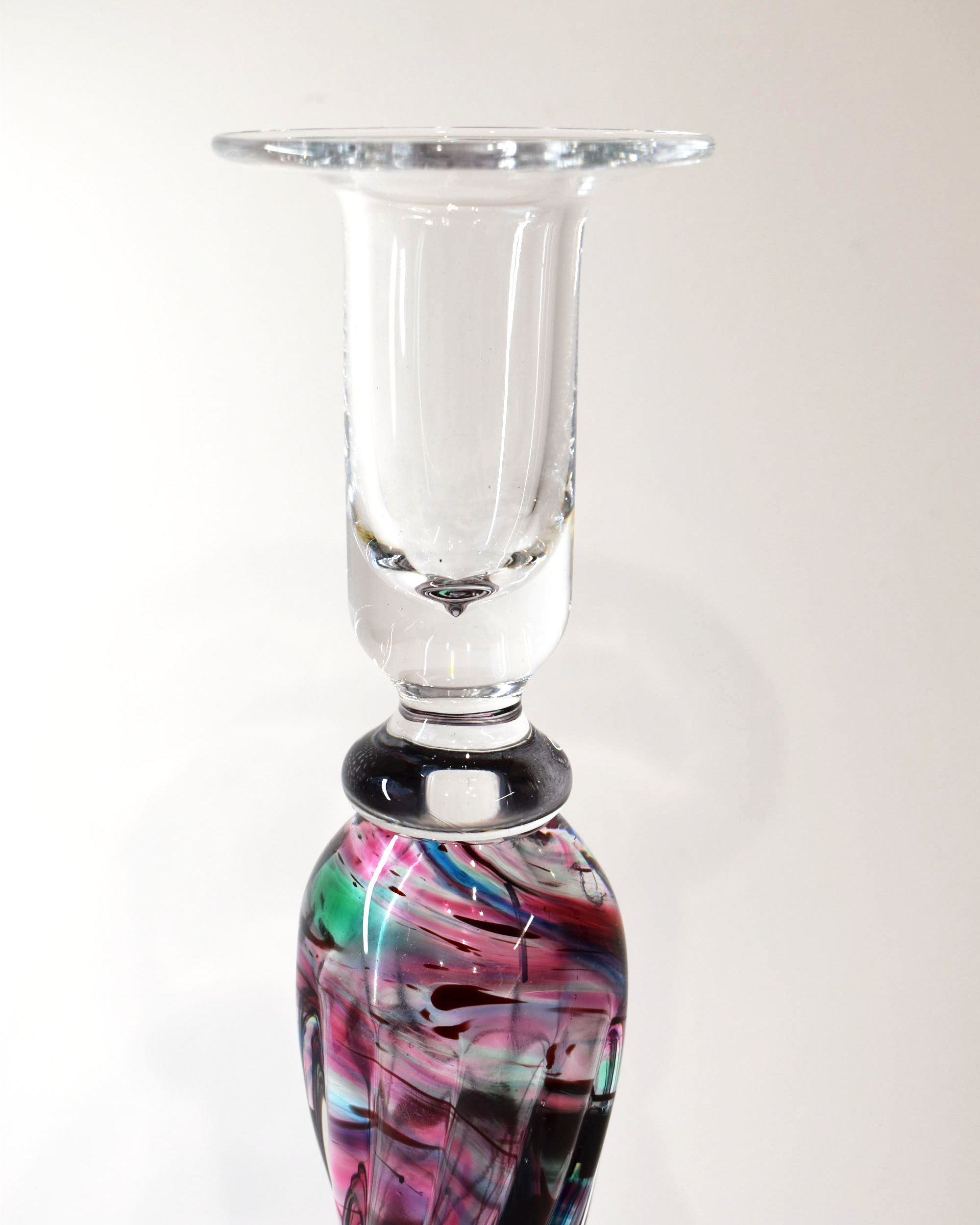 Handblown Aqua, Green and Ruby Streaky Glass Barley Twist Candlestick