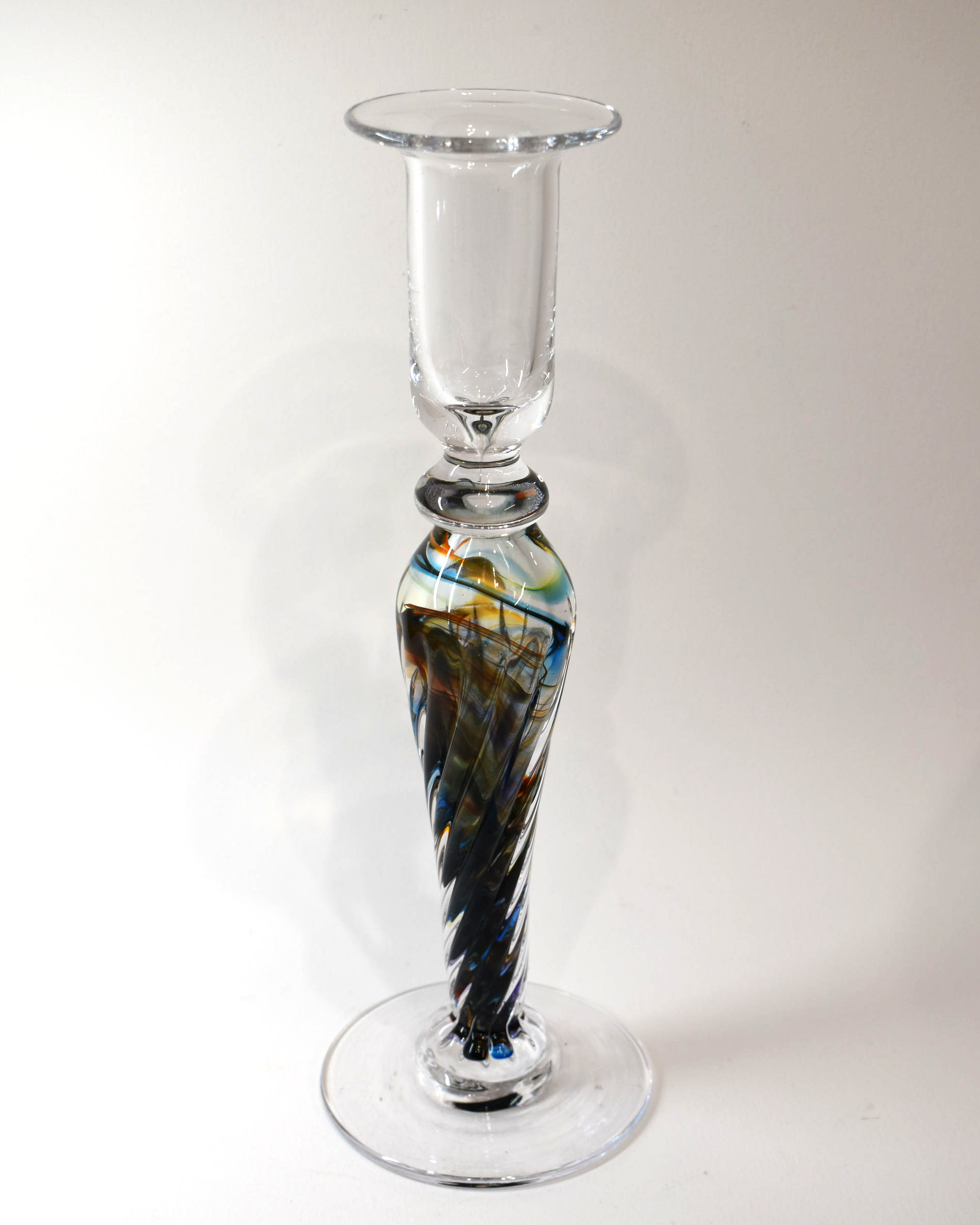 Handblown Brown, Green and Blue Streaky Glass Barley Twist Candlestick