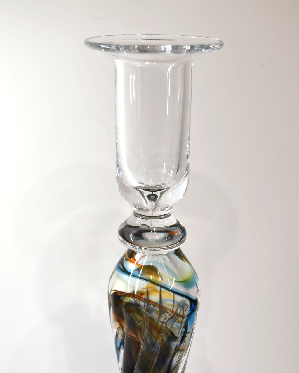 Handblown Brown, Green and Blue Streaky Glass Barley Twist Candlestick