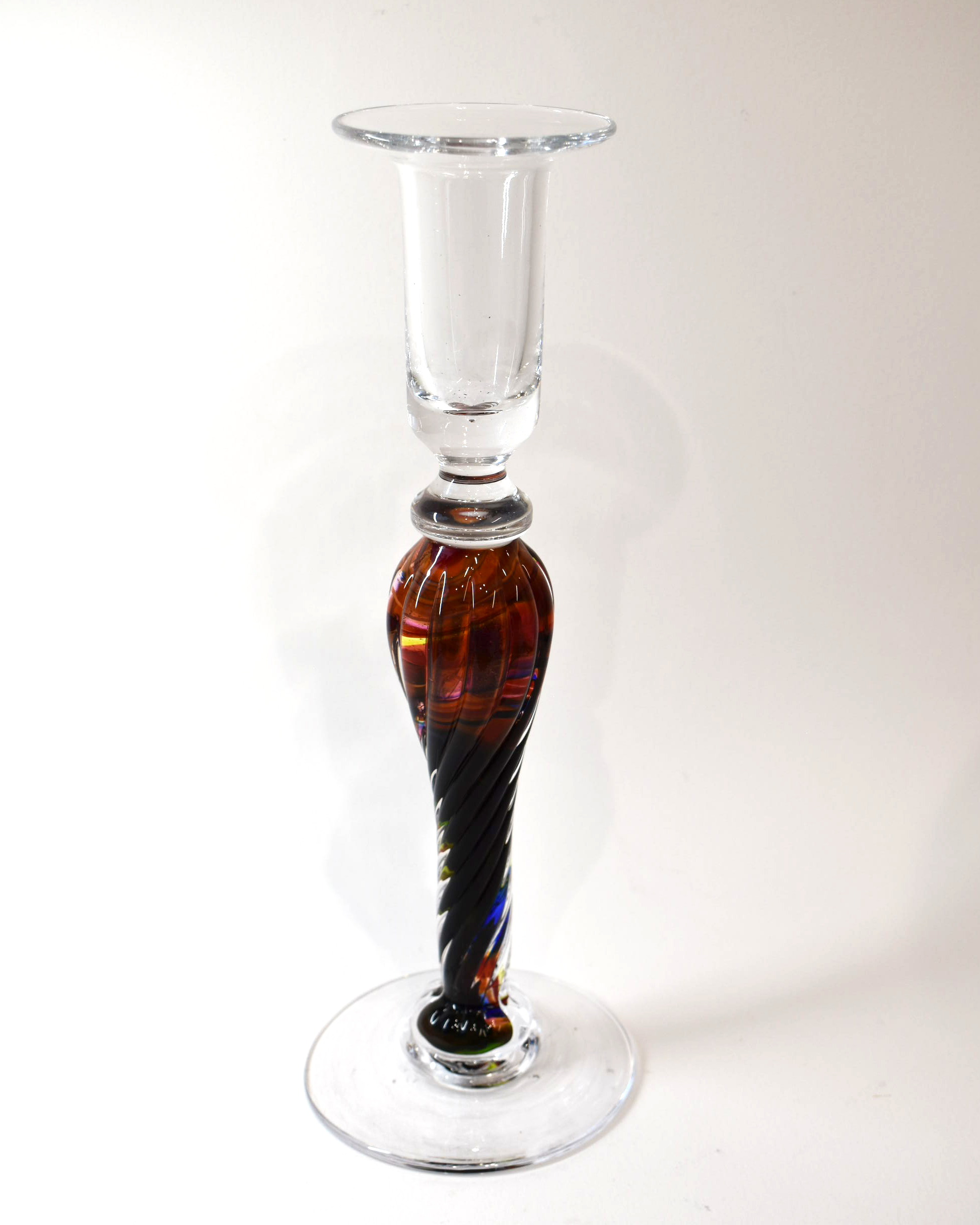 Handblown Ruby and Ombre Streaky Glass Barley Twist Candlestick