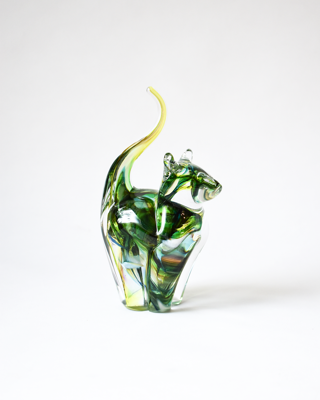 Lime & Forest Green Blown Glass Cat (S)