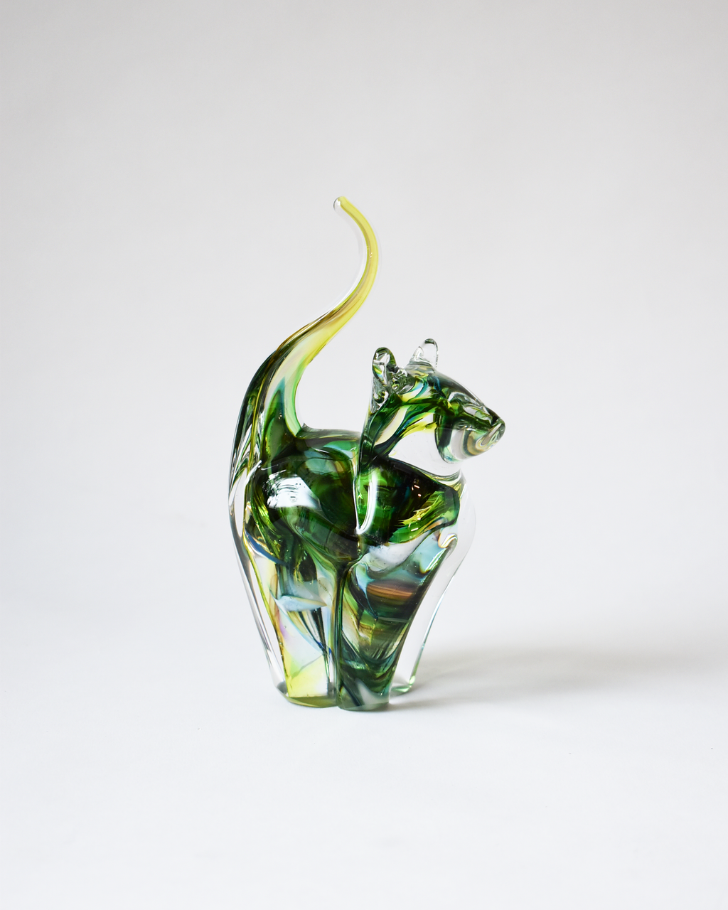 Lime & Forest Green Blown Glass Cat (S)