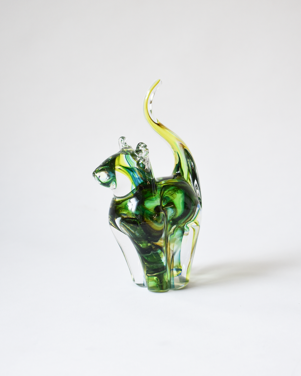 Lime & Forest Green Blown Glass Cat (S)