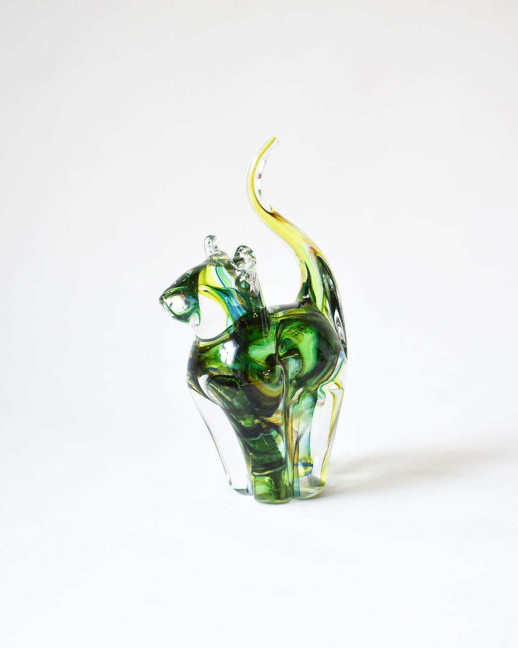 Lime & Forest Green Blown Glass Cat (S)