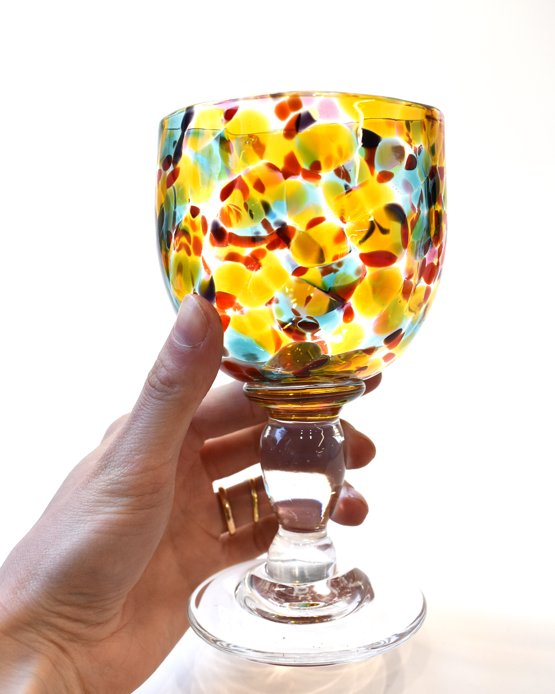 Handblown Amber, Aqua & Red Confetti Wine Glass