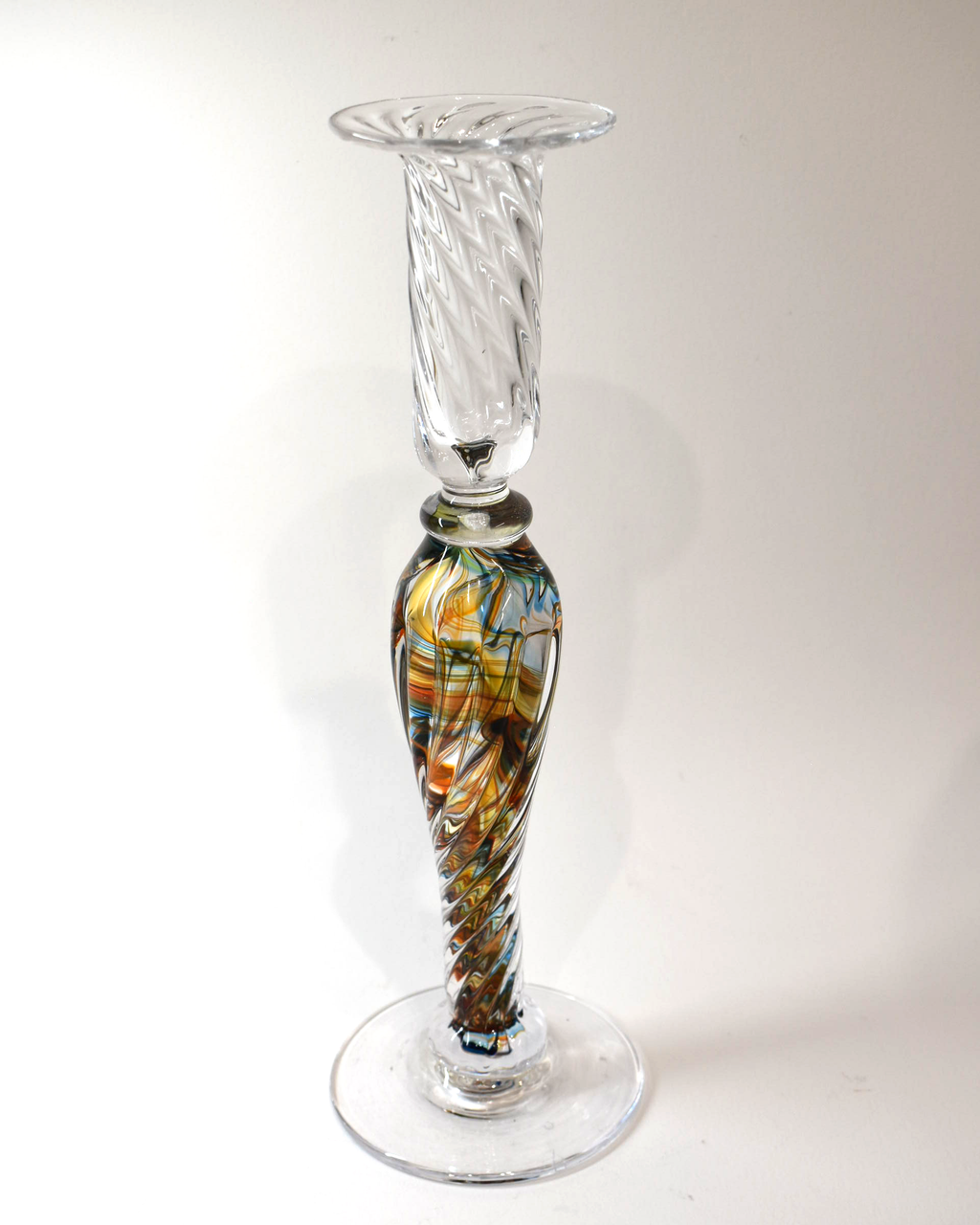 Handblown Aqua, Orange Streaky Glass Barley Twist Candlestick