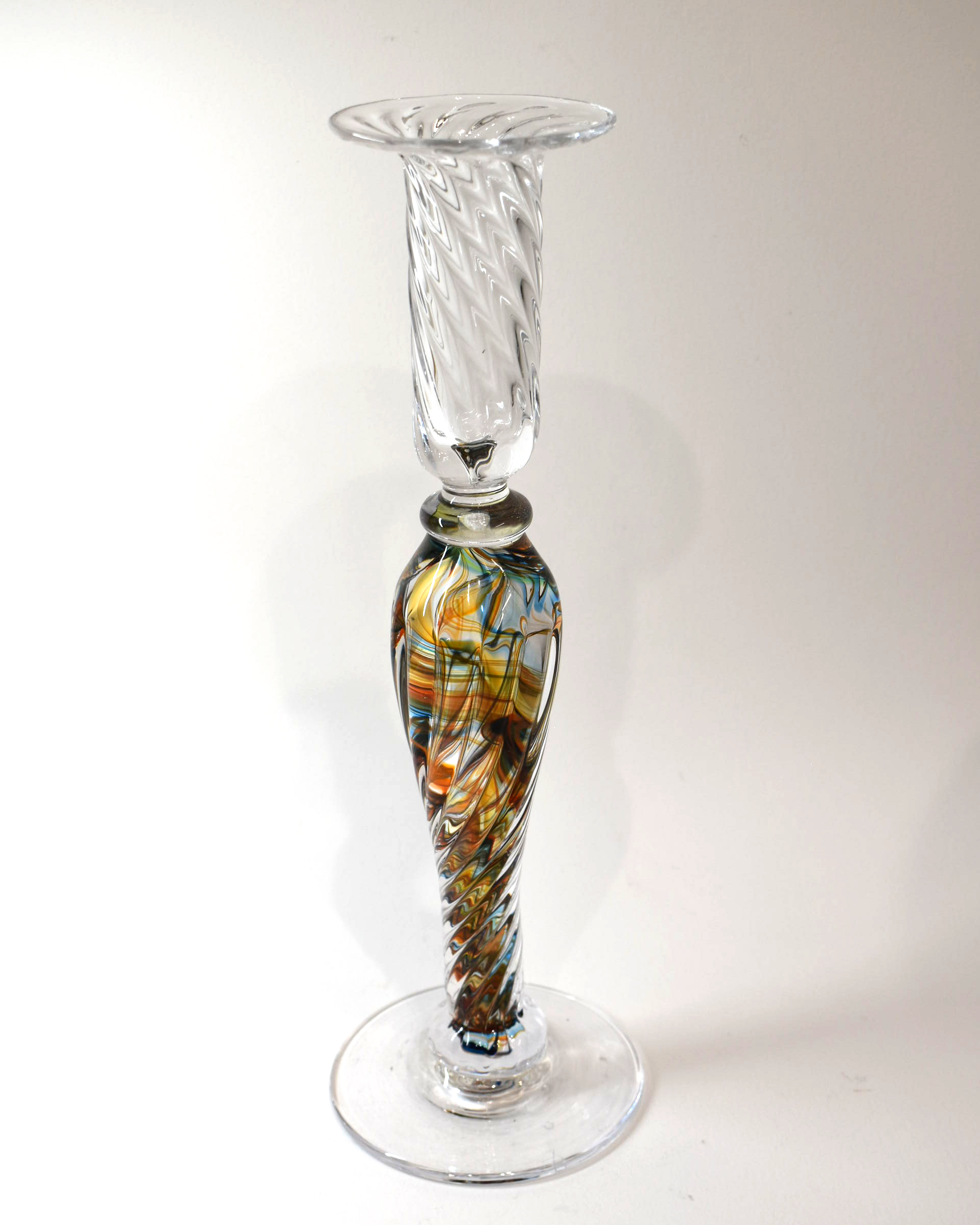 Handblown Aqua, Orange Streaky Glass Barley Twist Candlestick