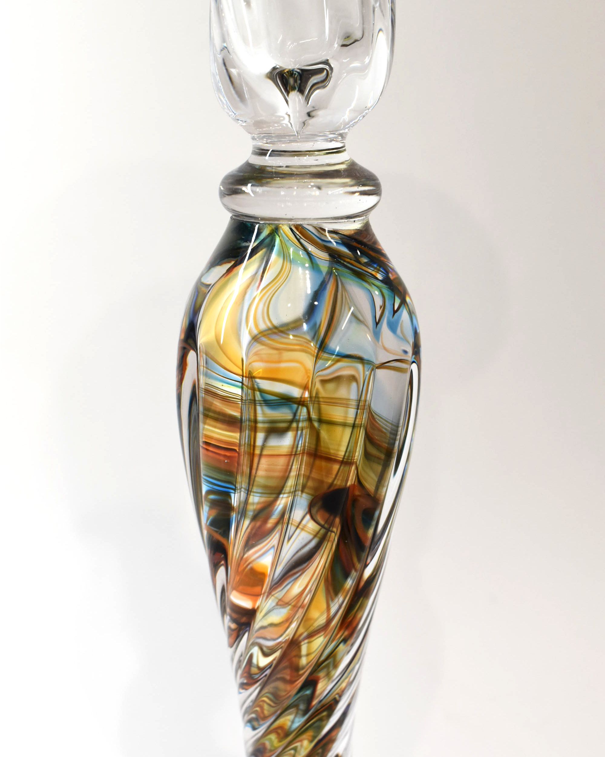 Handblown Aqua, Orange Streaky Glass Barley Twist Candlestick