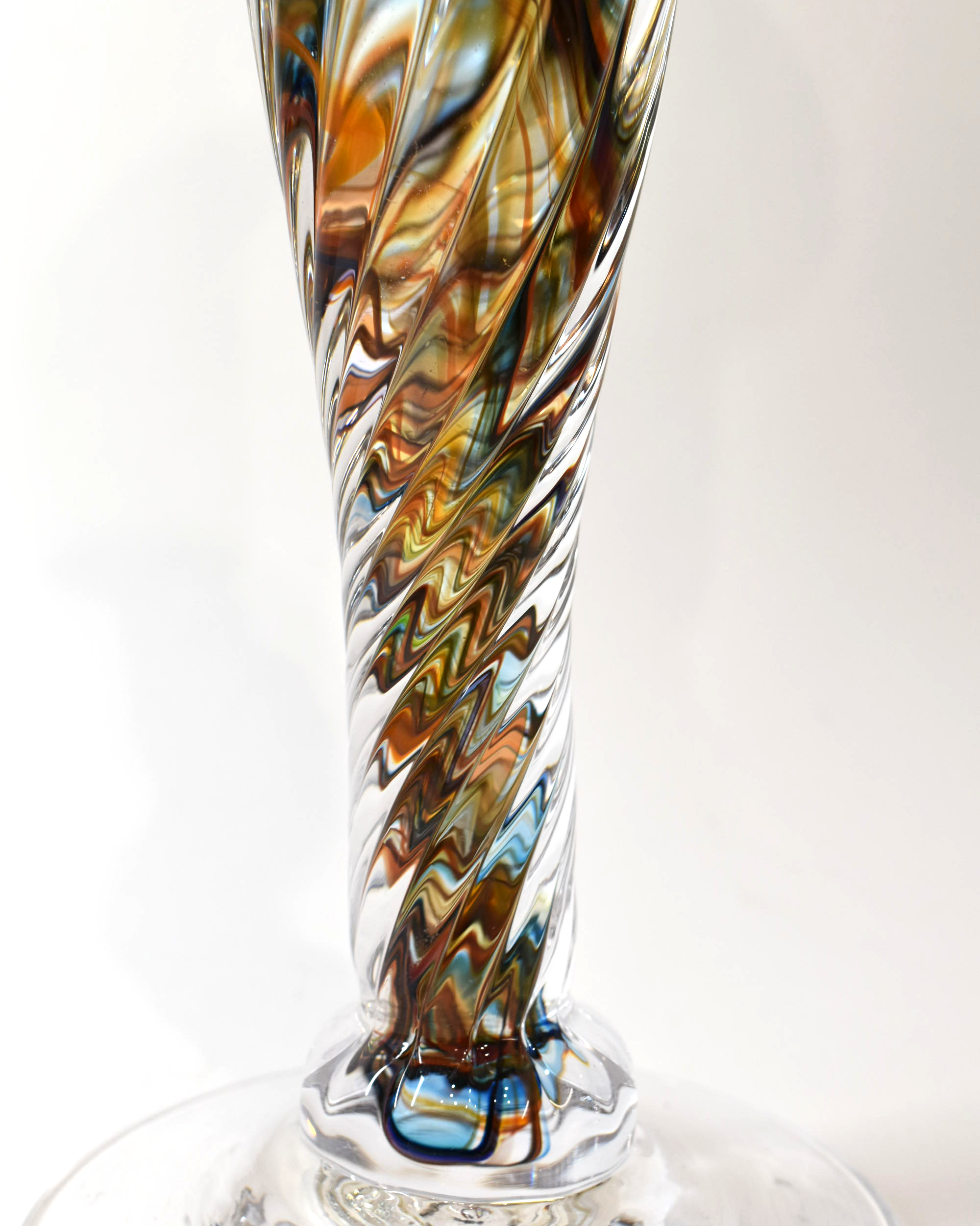 Handblown Aqua, Orange Streaky Glass Barley Twist Candlestick