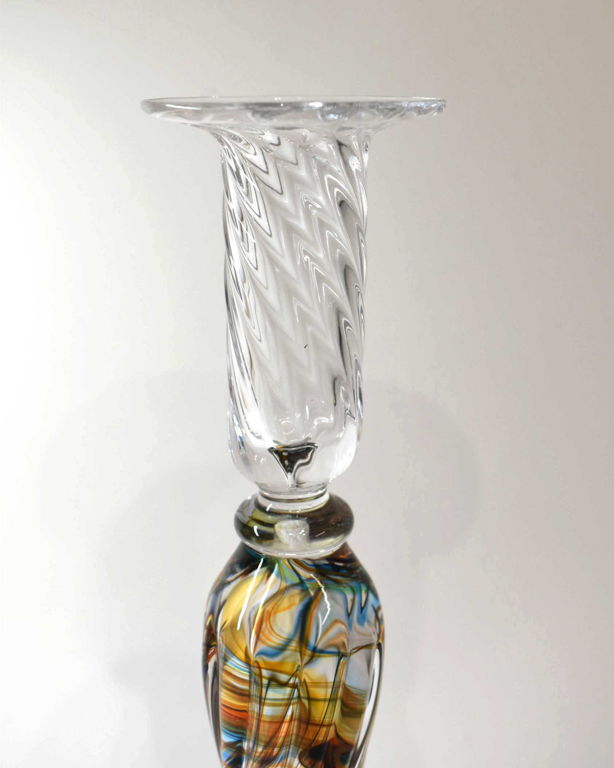 Handblown Aqua, Orange Streaky Glass Barley Twist Candlestick