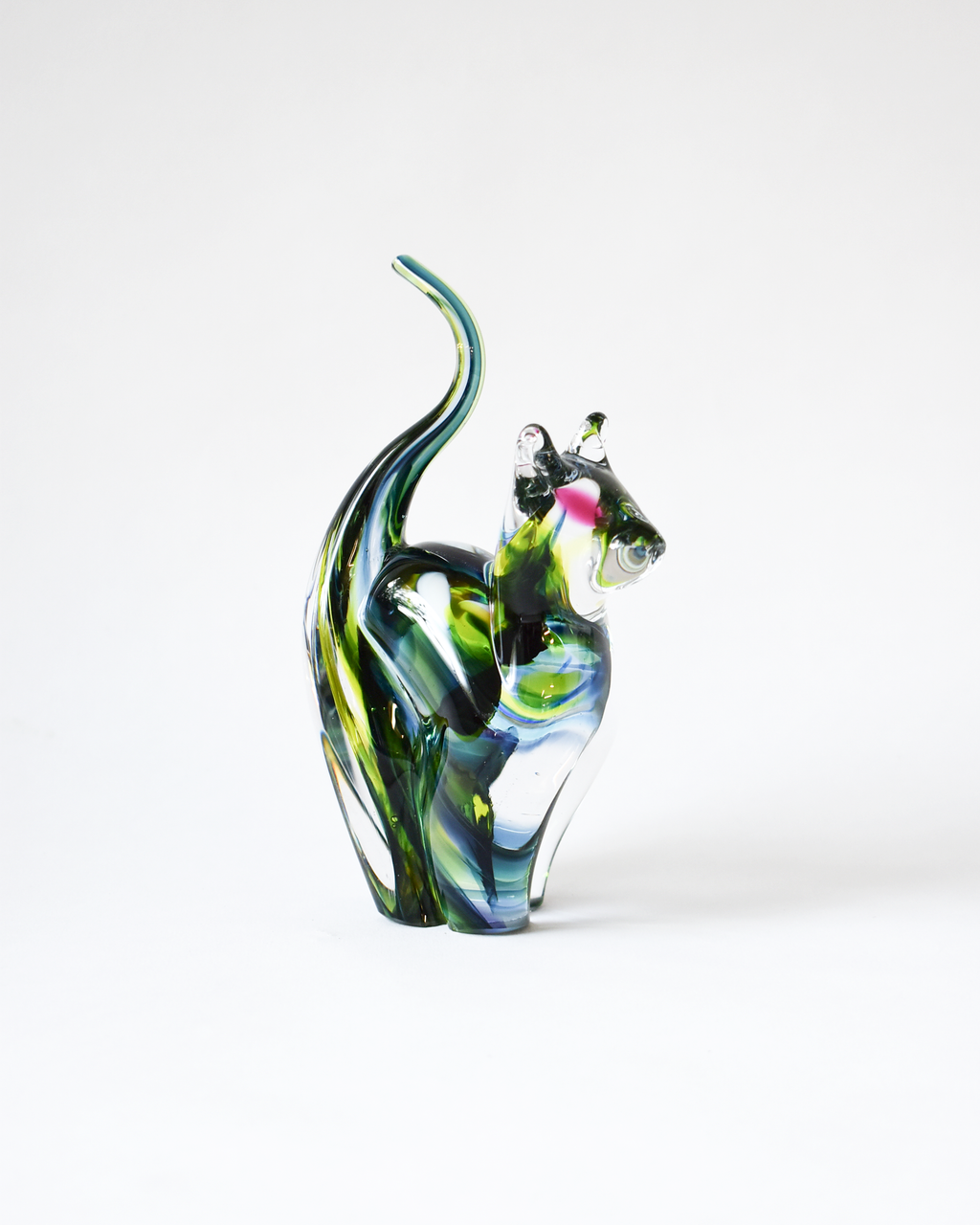 Pink, Green & Blue Blown Glass Cat (S)