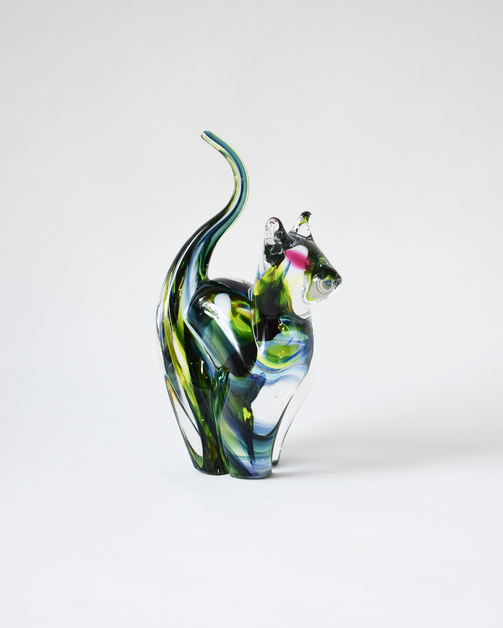 Pink, Green & Blue Blown Glass Cat (S)