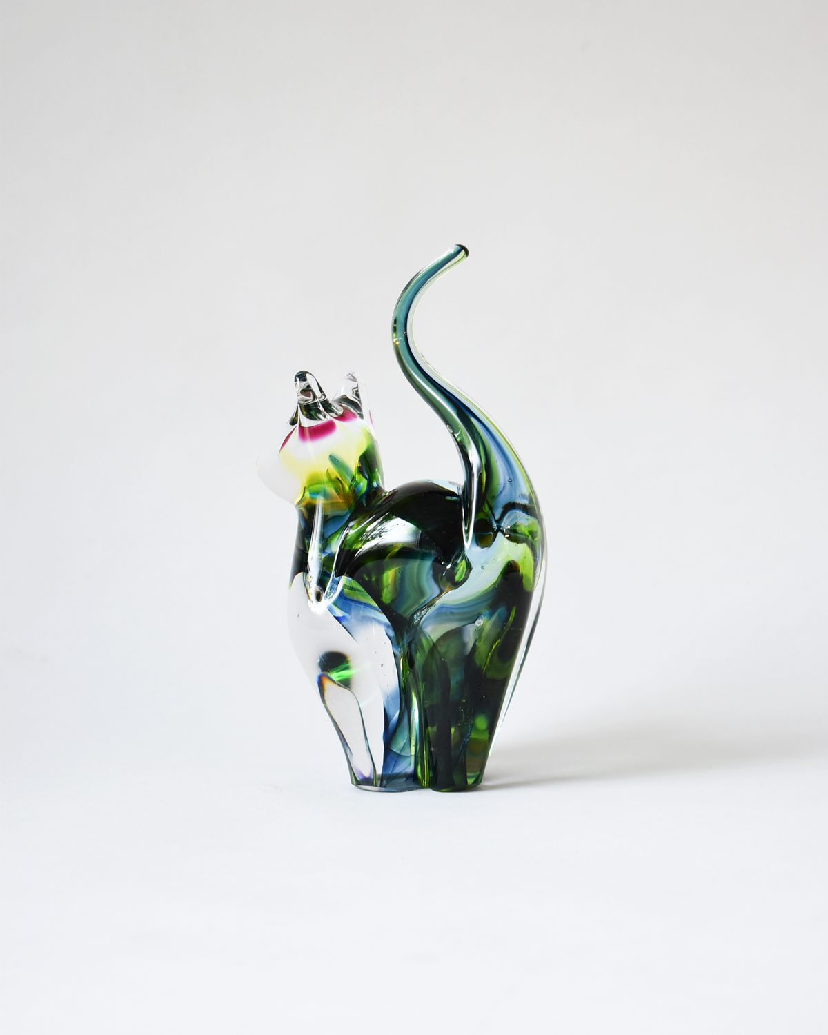 Pink, Green & Blue Blown Glass Cat (S)