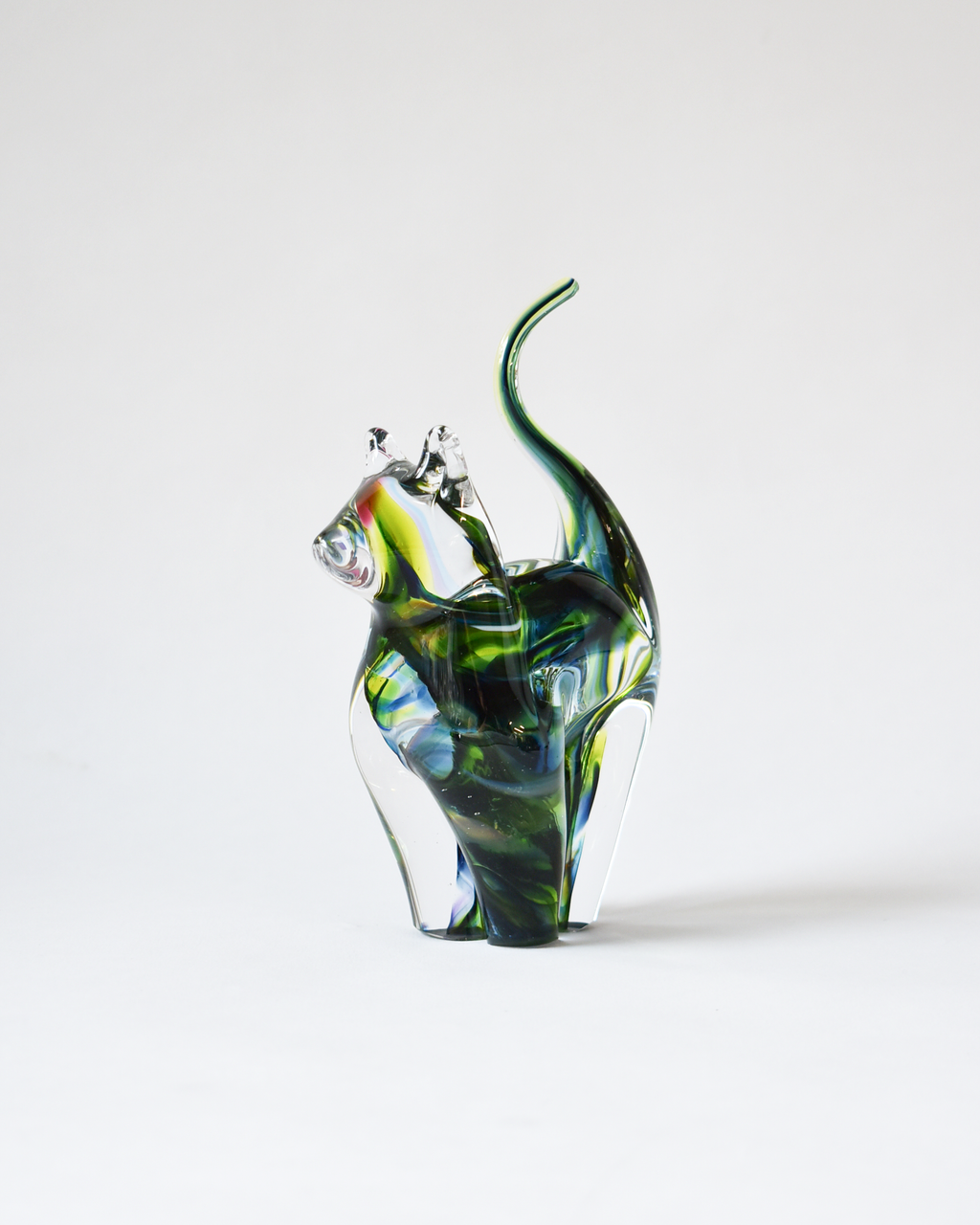 Pink, Green & Blue Blown Glass Cat (S)