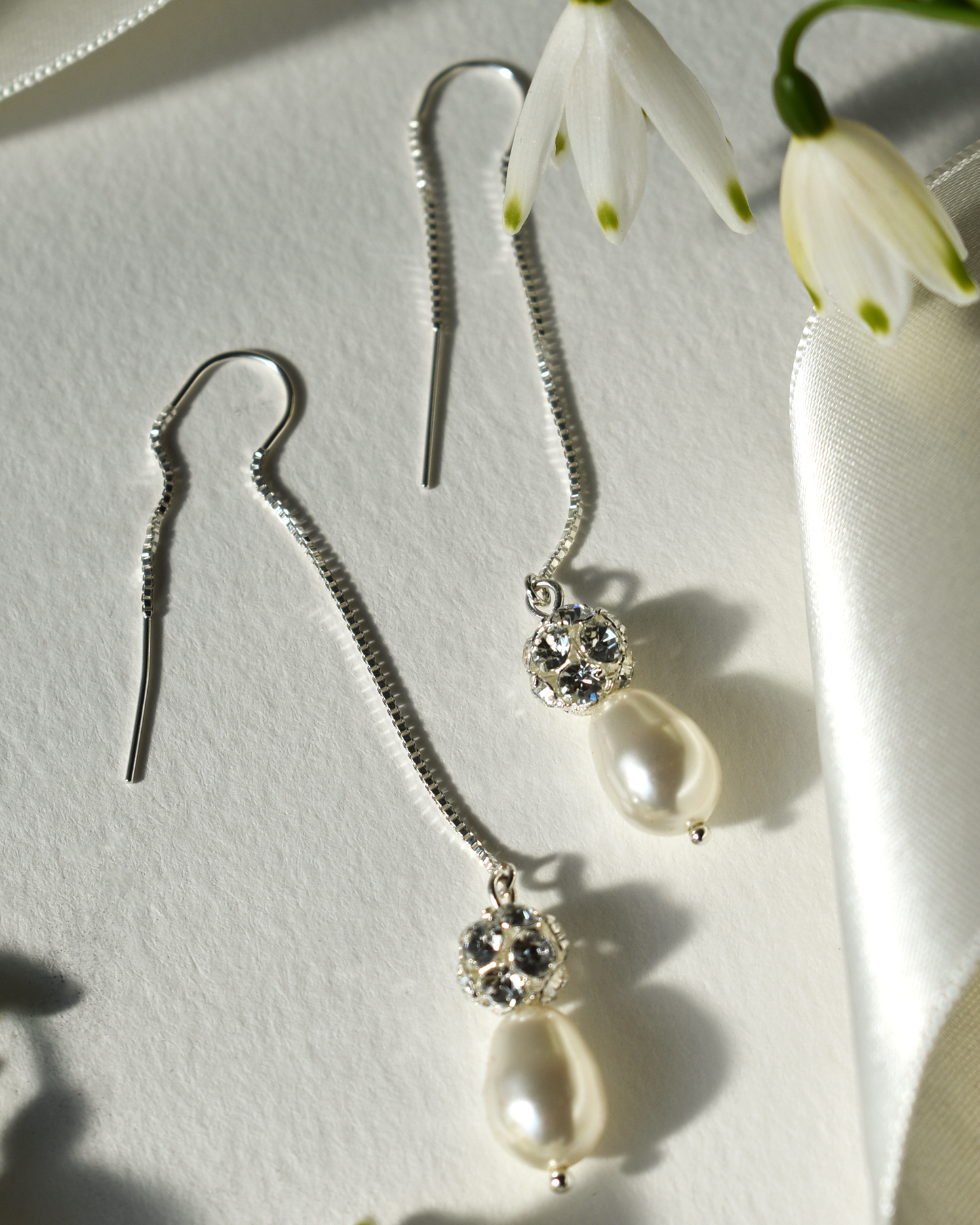 Baroque Pearl Silver Crystal Ball Threader Earrings