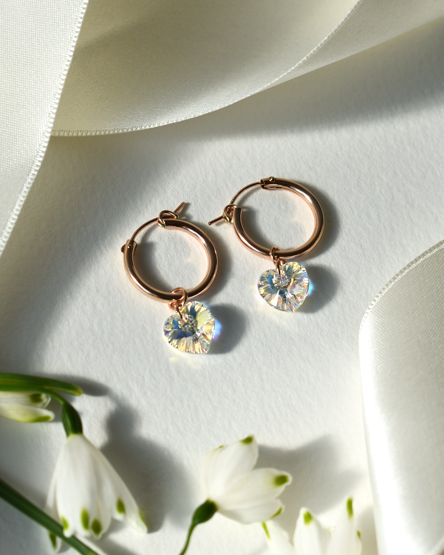 Iridescent Crystal Heart Rose Gold Hoop Earrings