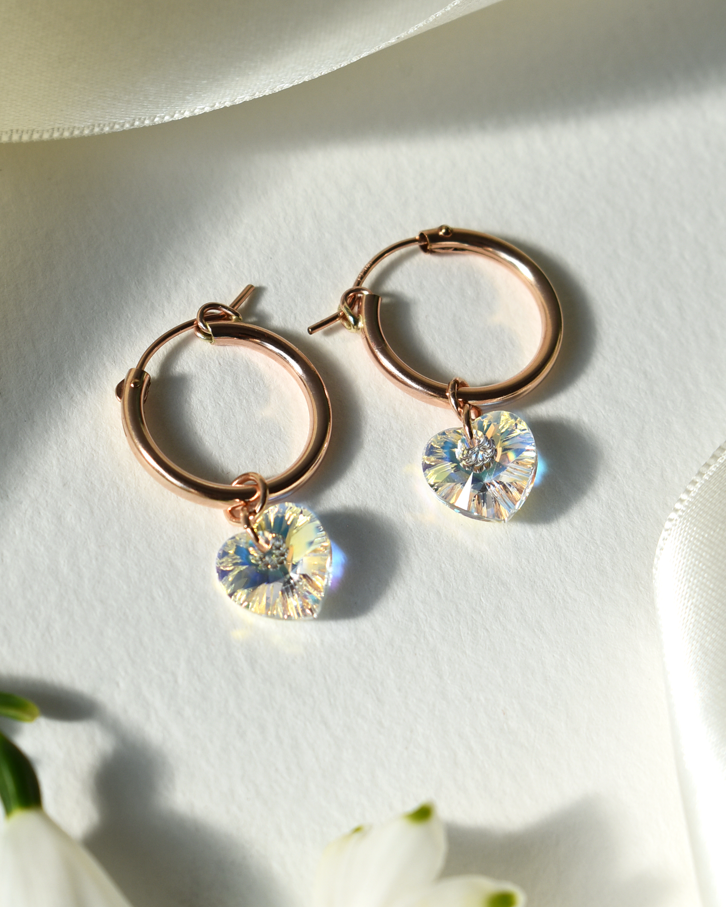 Iridescent Crystal Heart Rose Gold Hoop Earrings