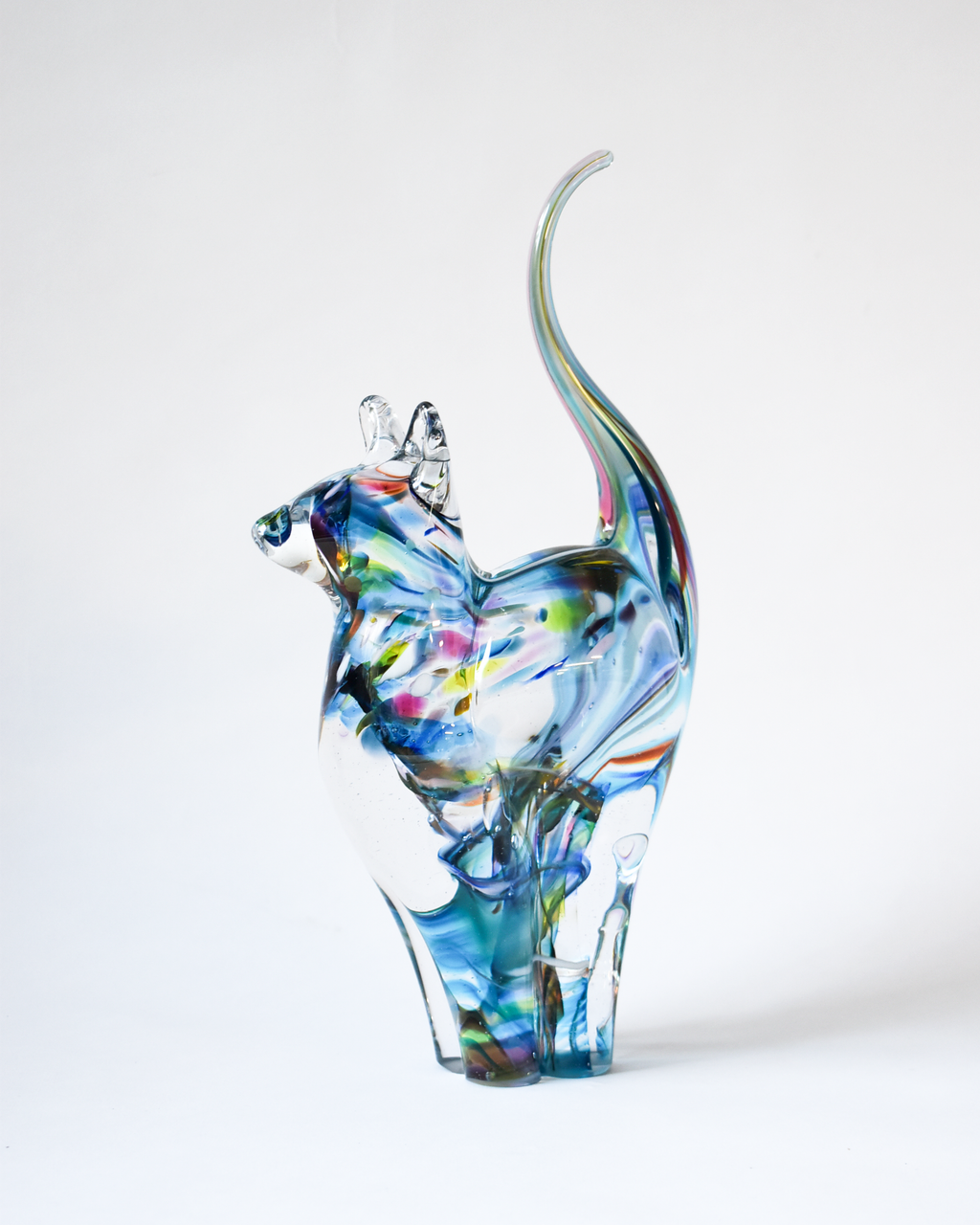 Watercolour Blues & Multicoloured Blown Glass Cat (L)