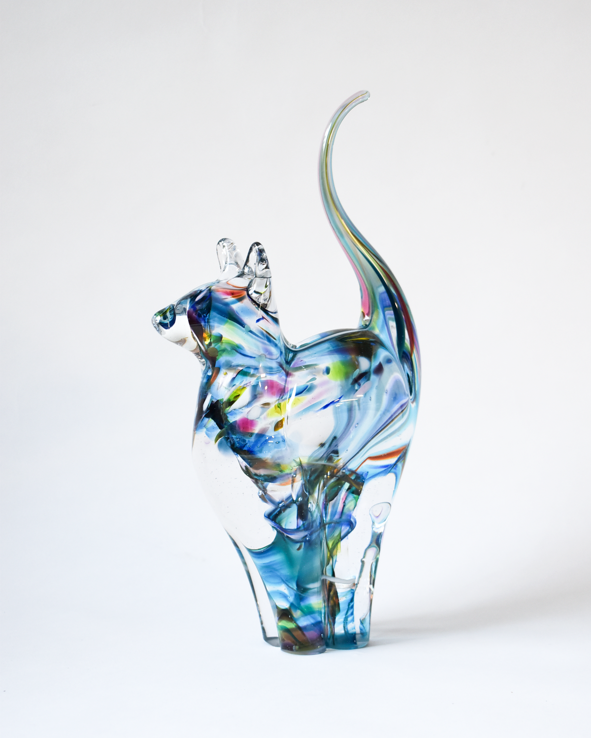 Watercolour Blues & Multicoloured Blown Glass Cat (L)