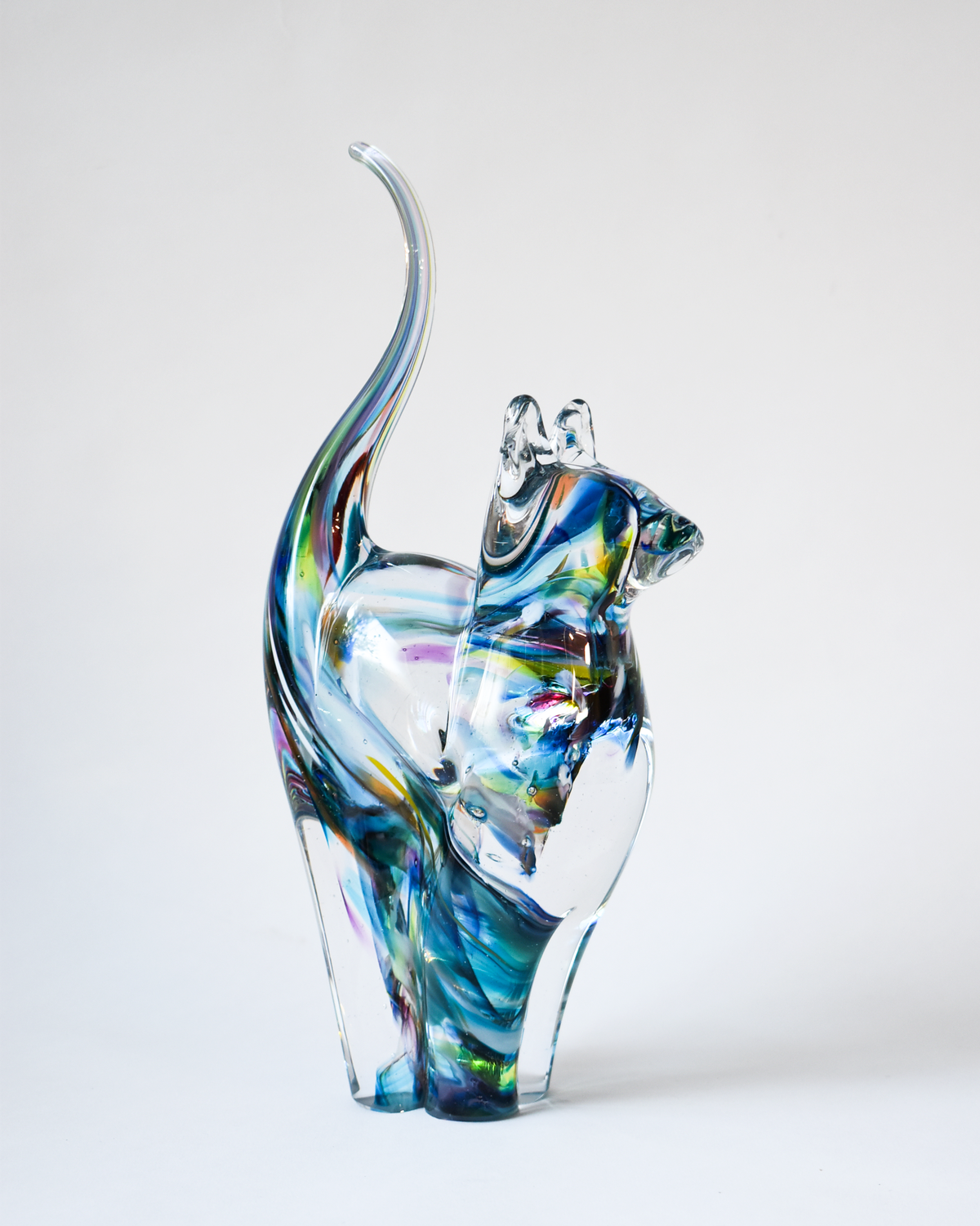 Watercolour Blues & Multicoloured Blown Glass Cat (L)