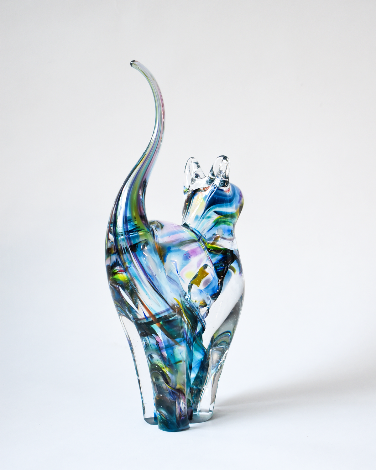 Watercolour Blues & Multicoloured Blown Glass Cat (L)