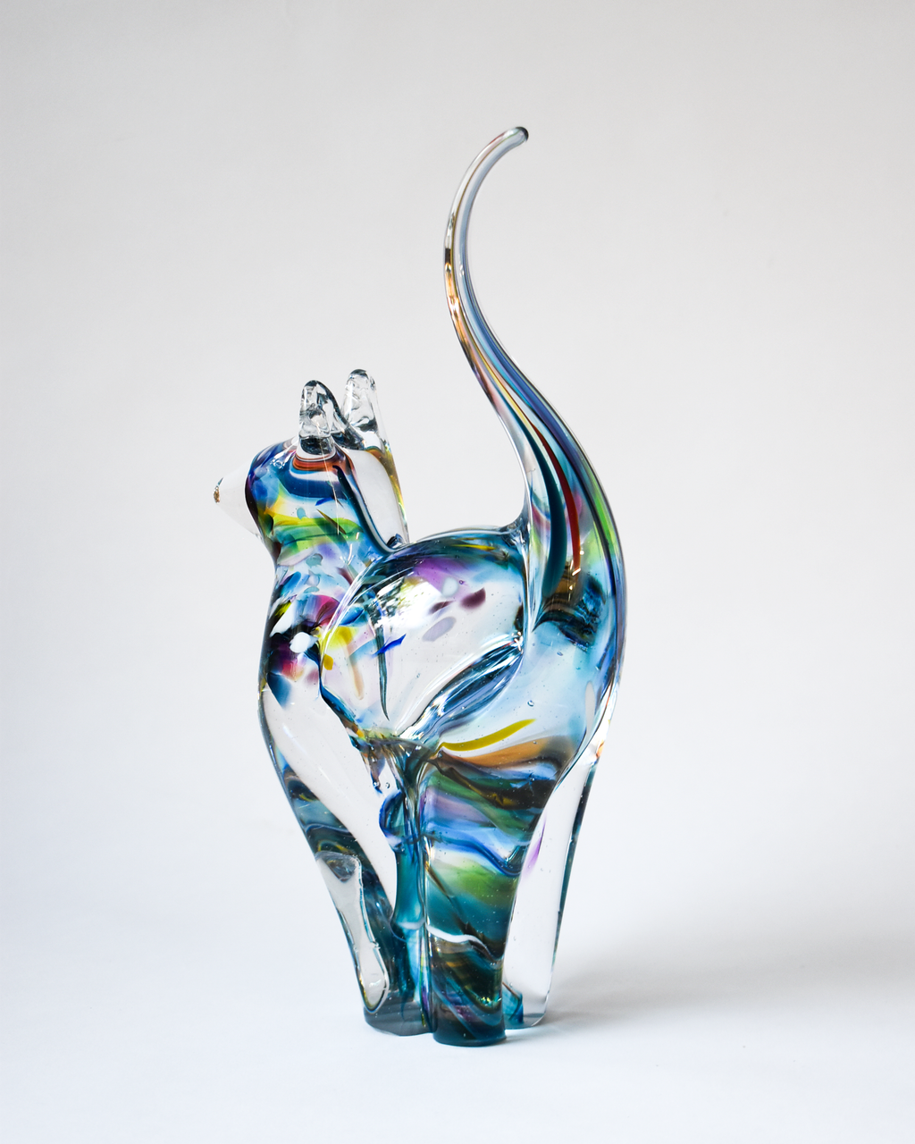 Watercolour Blues & Multicoloured Blown Glass Cat (L)