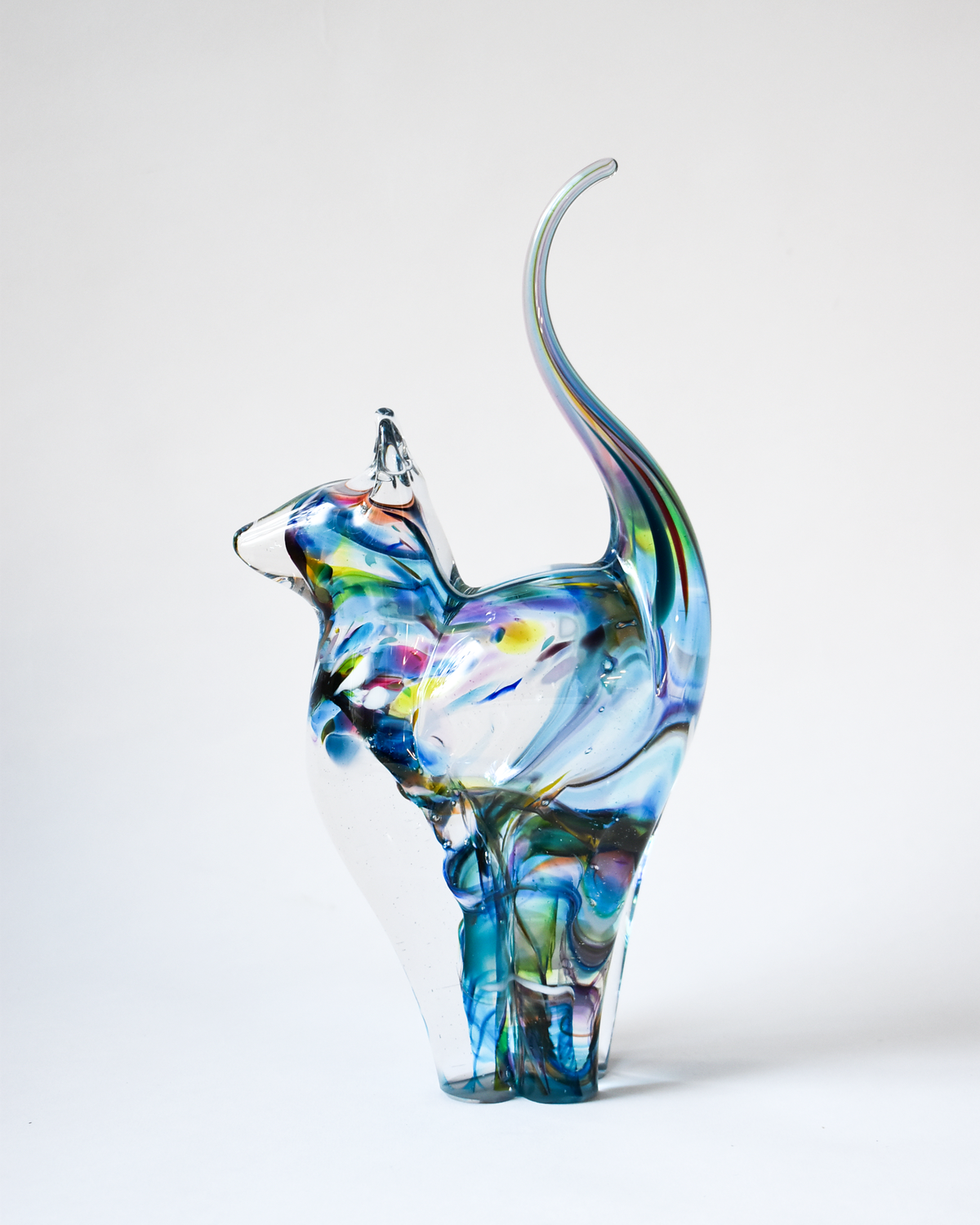 Watercolour Blues & Multicoloured Blown Glass Cat (L)