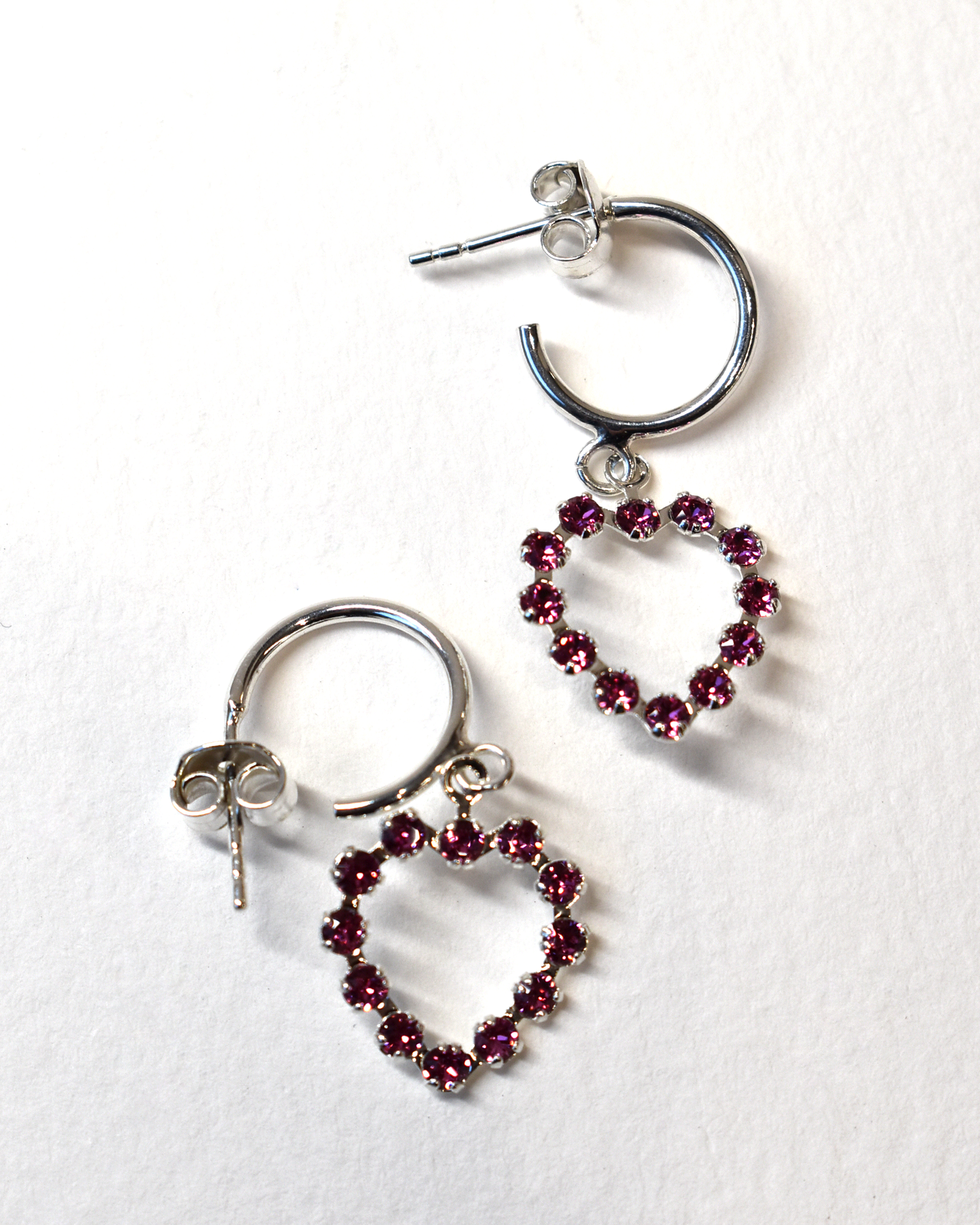 Pink Crystal Heart Huggie Hoop Earrings