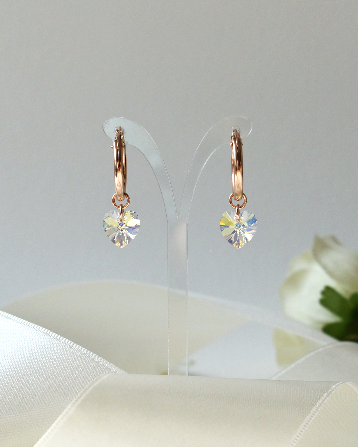 Iridescent Crystal Heart Rose Gold Hoop Earrings