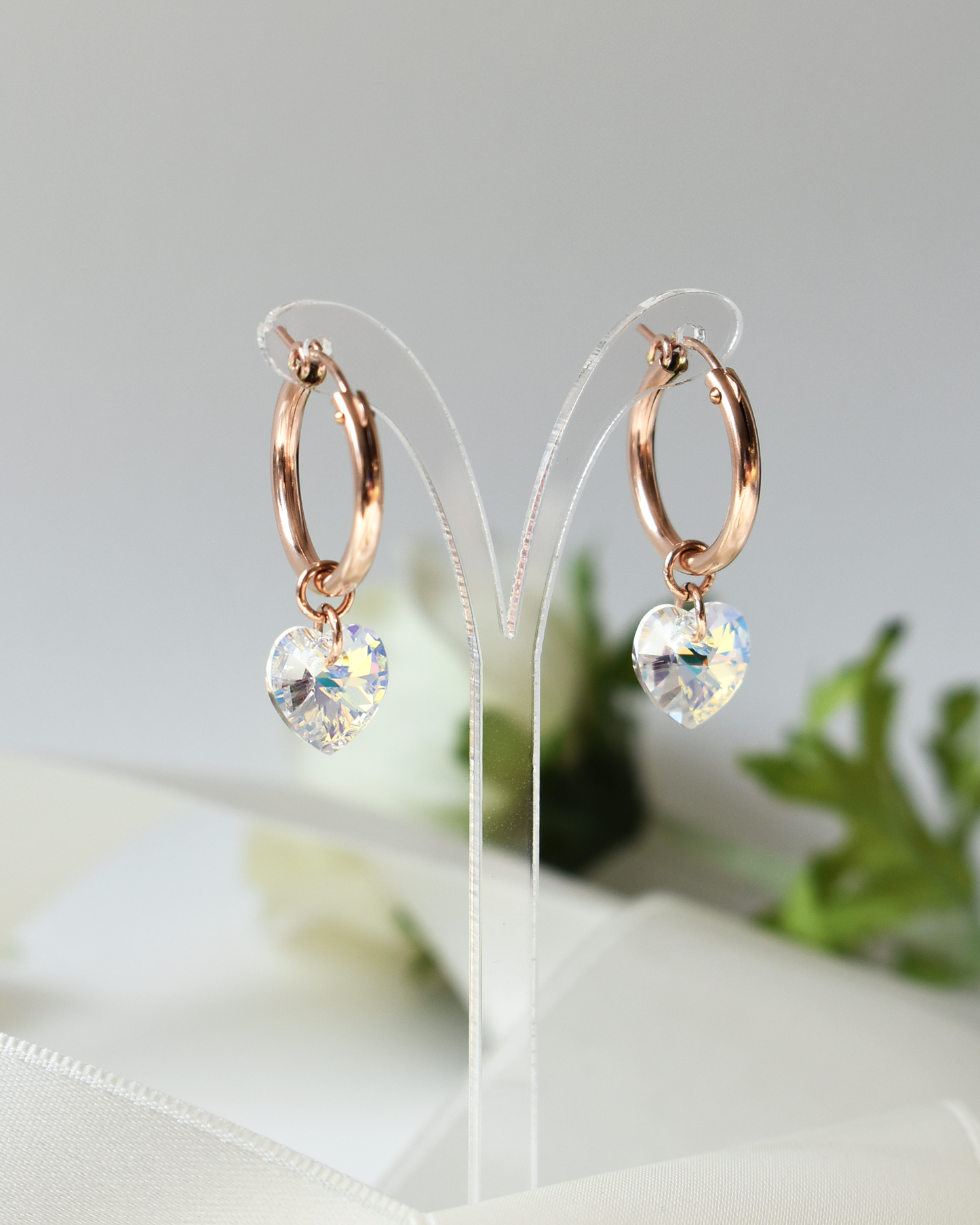 Iridescent Crystal Heart Rose Gold Hoop Earrings