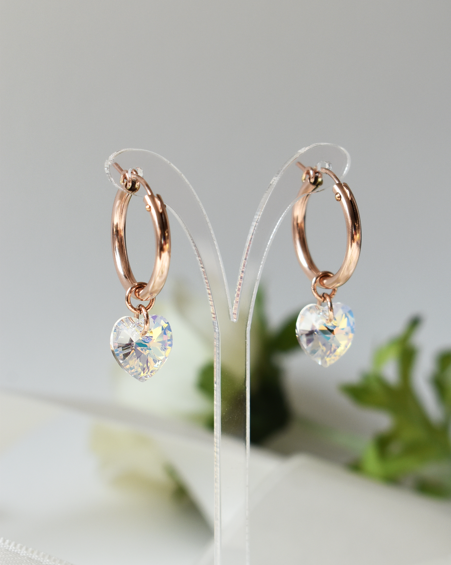 Iridescent Crystal Heart Rose Gold Hoop Earrings