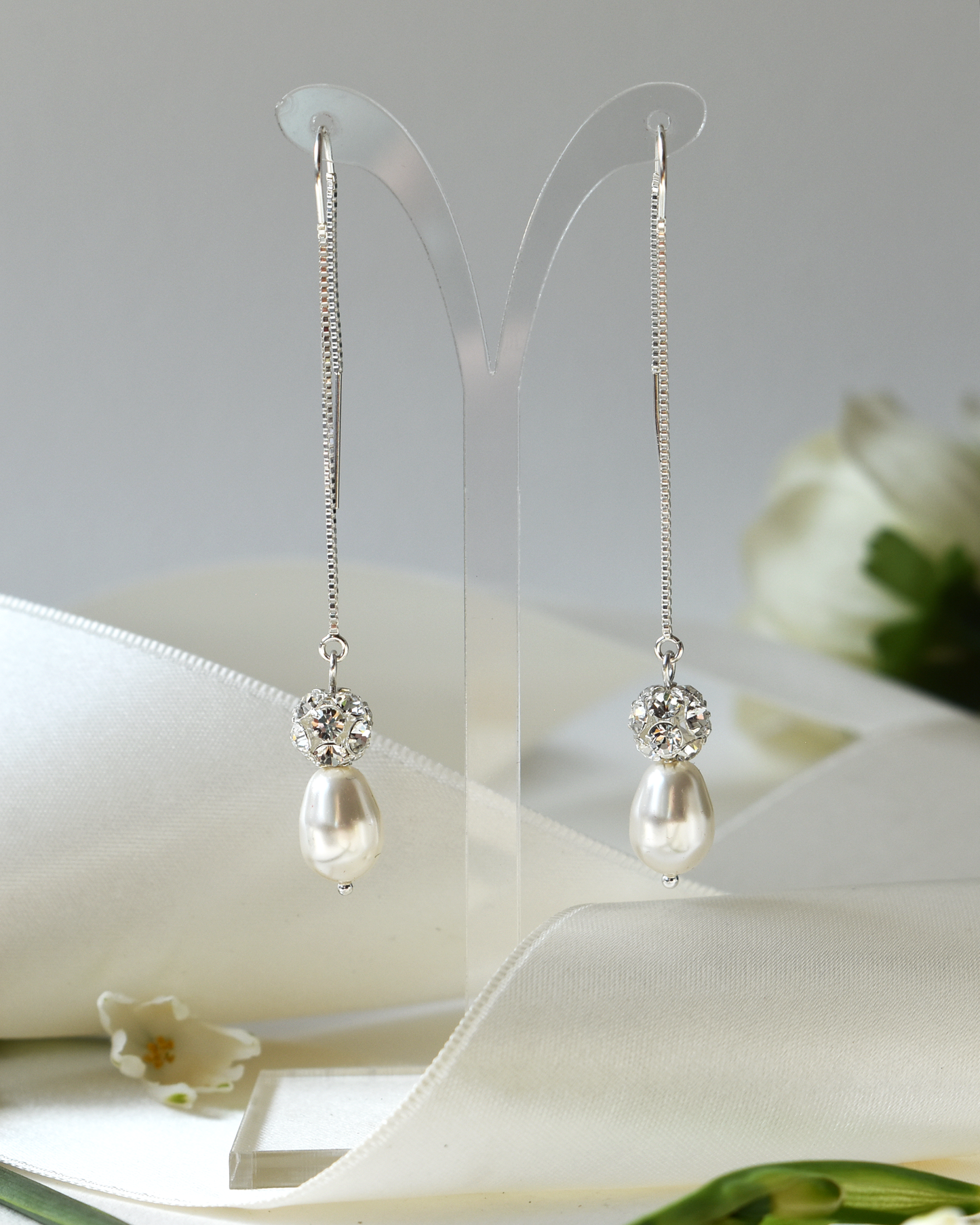 Baroque Pearl Silver Crystal Ball Threader Earrings