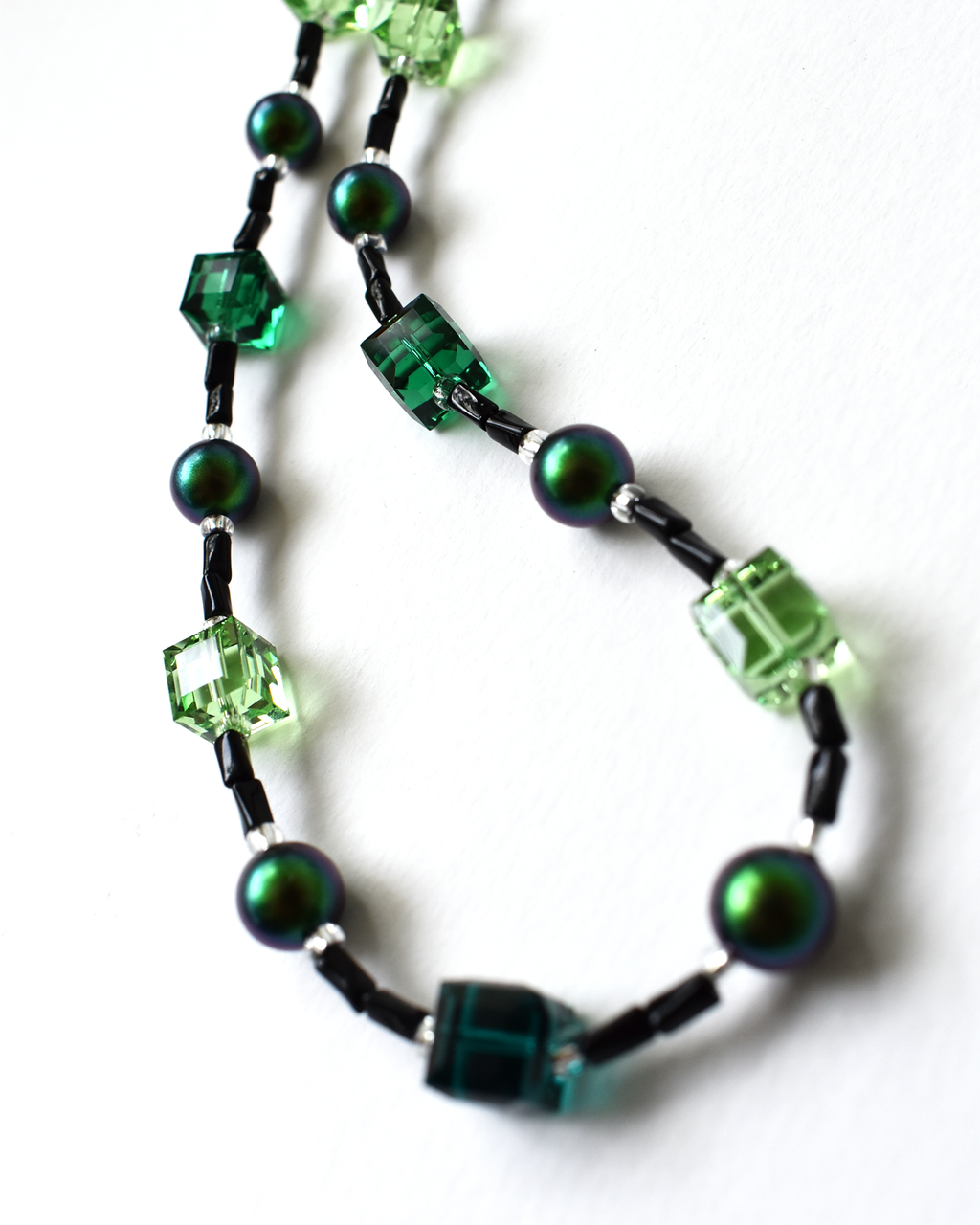 Green Pearl & Glass Crystal Cube Necklace