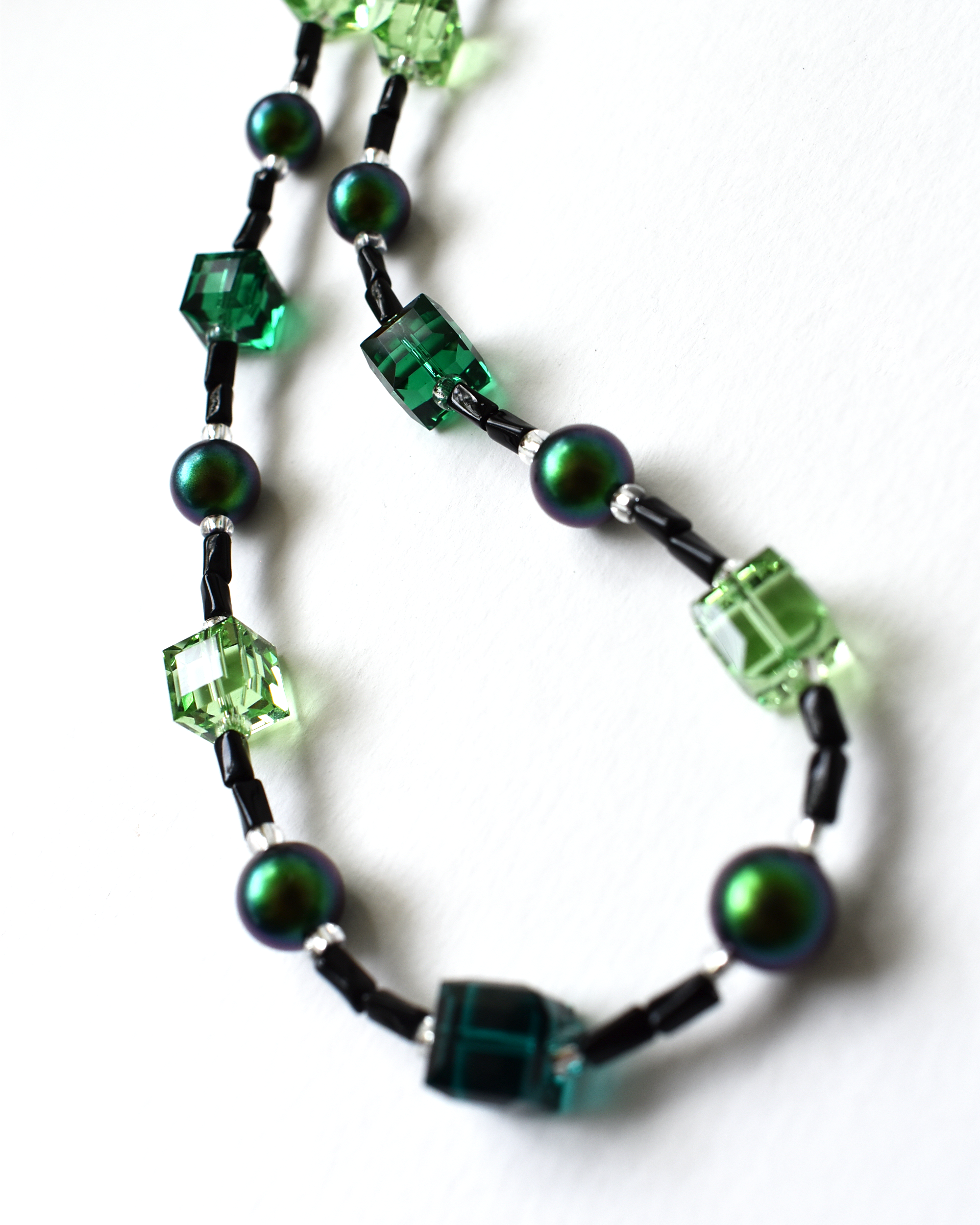 Green Pearl & Glass Crystal Cube Necklace