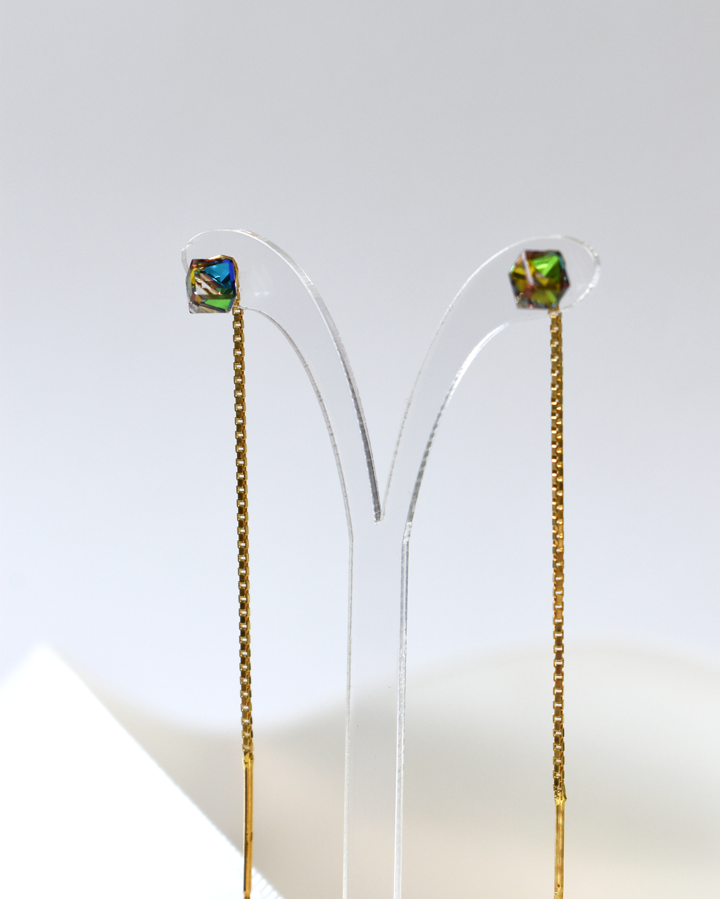 Iridescent Cube Stud Gold Threader Earrings