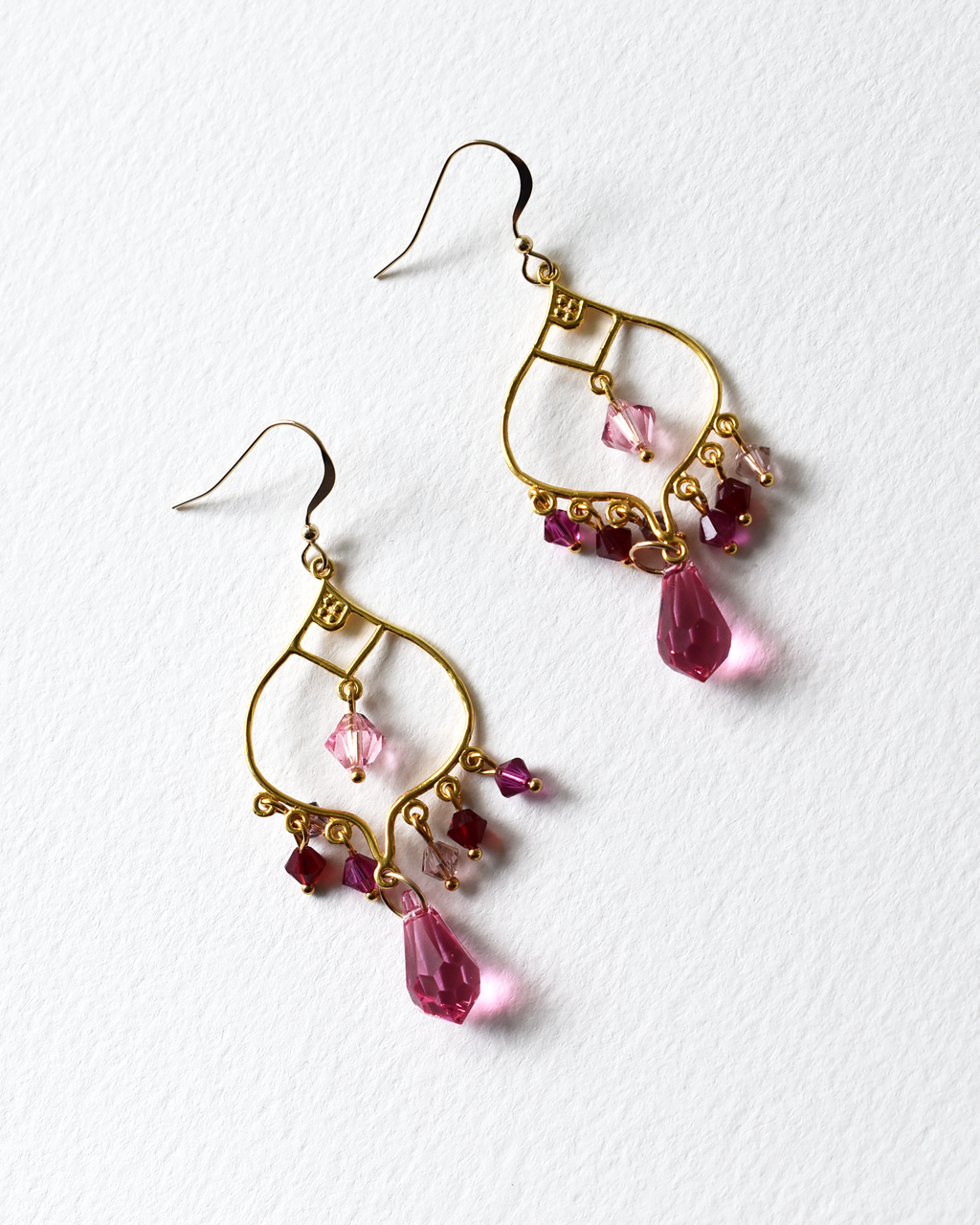 Pink Glass Crystal Chandelier Hook Earrings