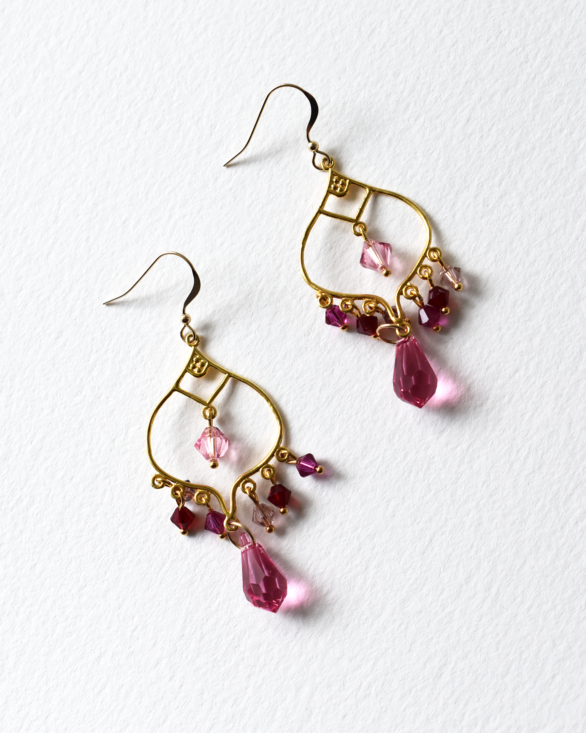Pink Glass Crystal Chandelier Hook Earrings