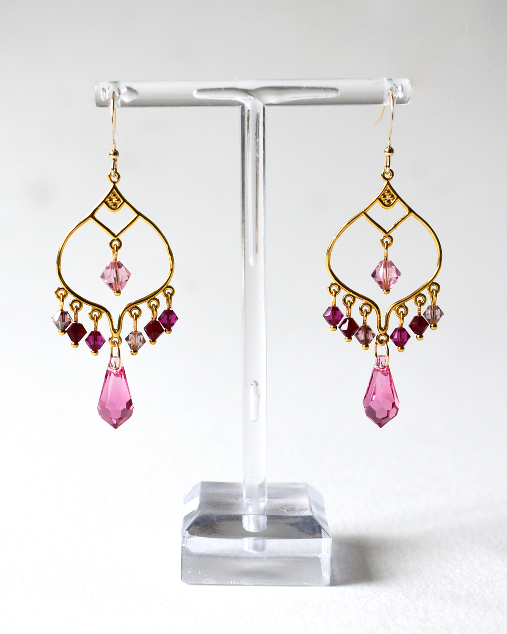 Pink Glass Crystal Chandelier Hook Earrings