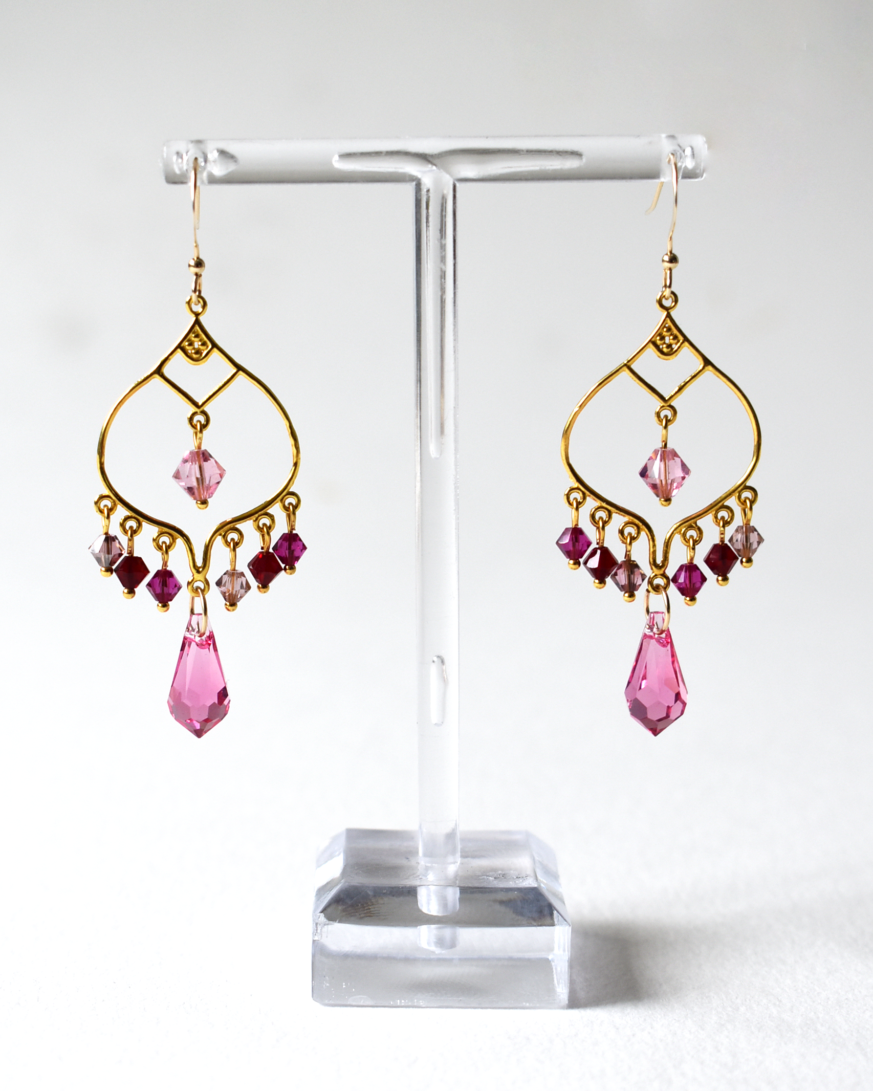 Pink Glass Crystal Chandelier Hook Earrings