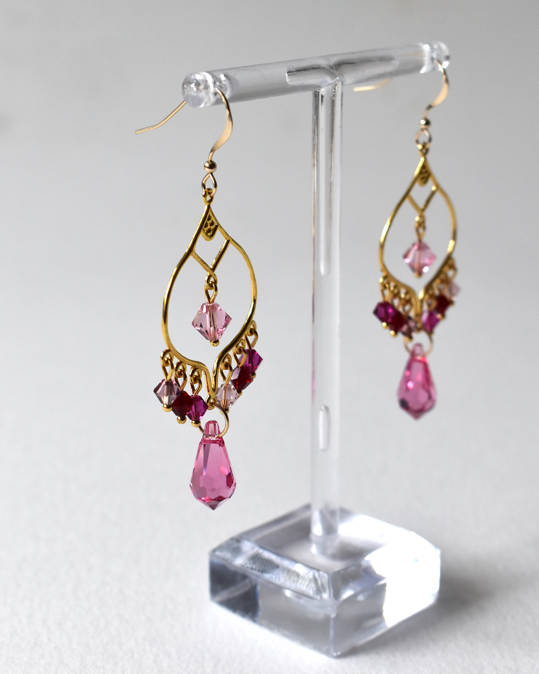 Pink Glass Crystal Chandelier Hook Earrings